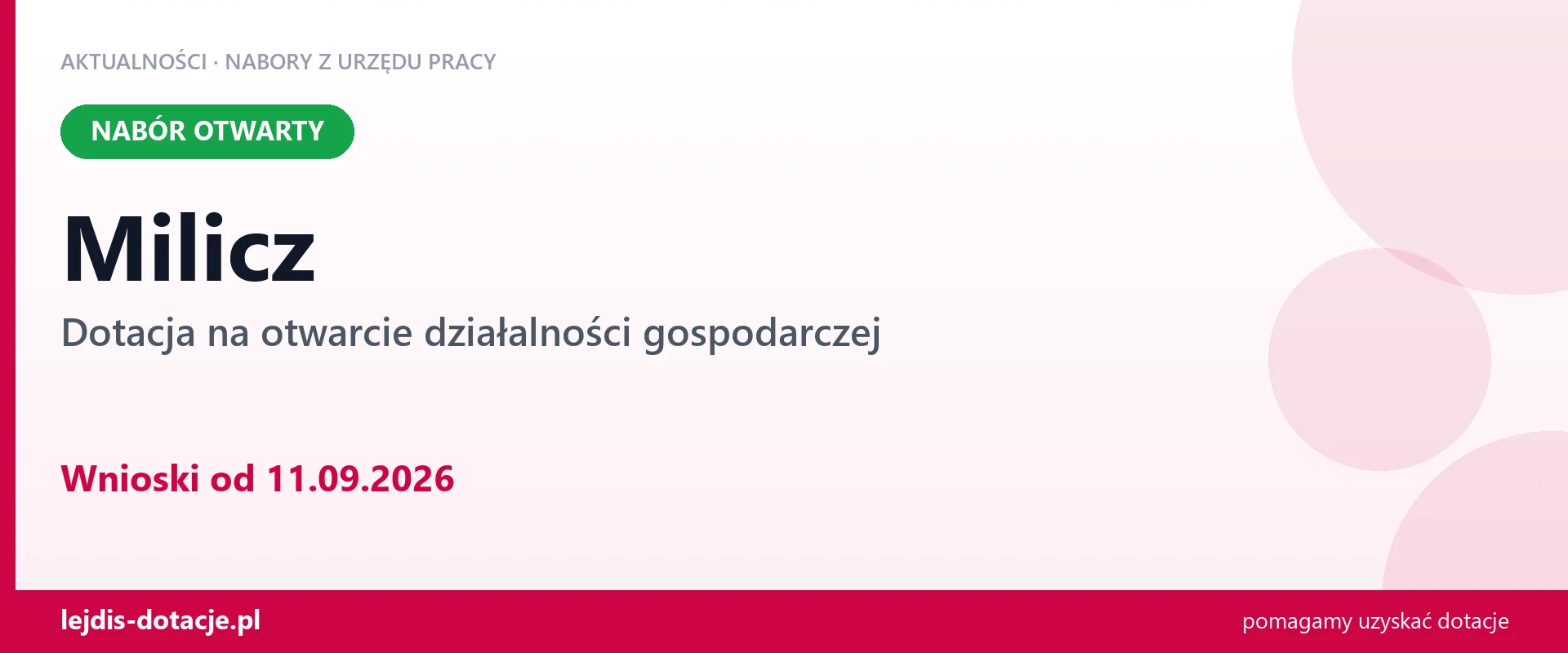 Milicz: trwa nabór na dotację na otwarcie działalności gospodarczej (11 września 2026)