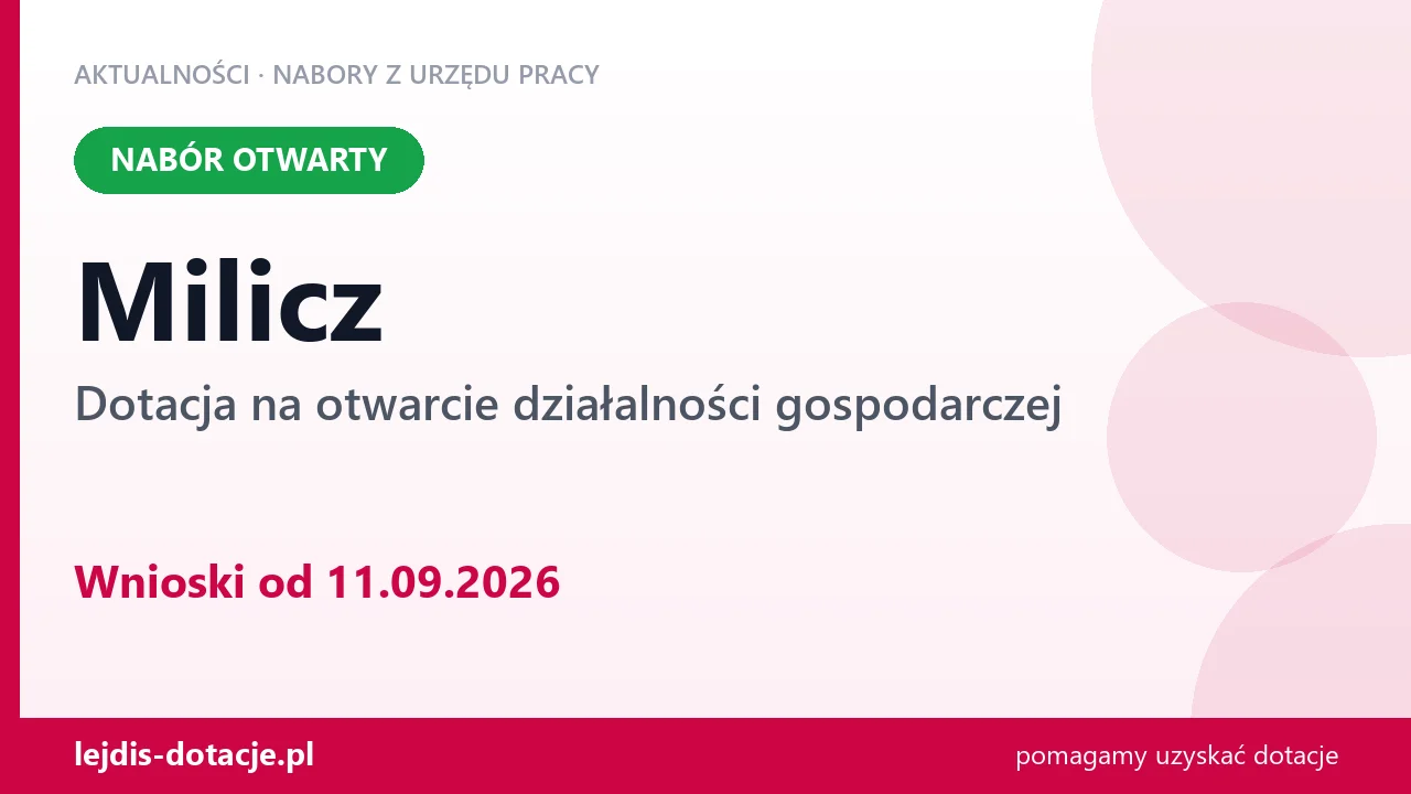 Milicz: trwa nabór na dotację na otwarcie działalności gospodarczej (11 września 2026)