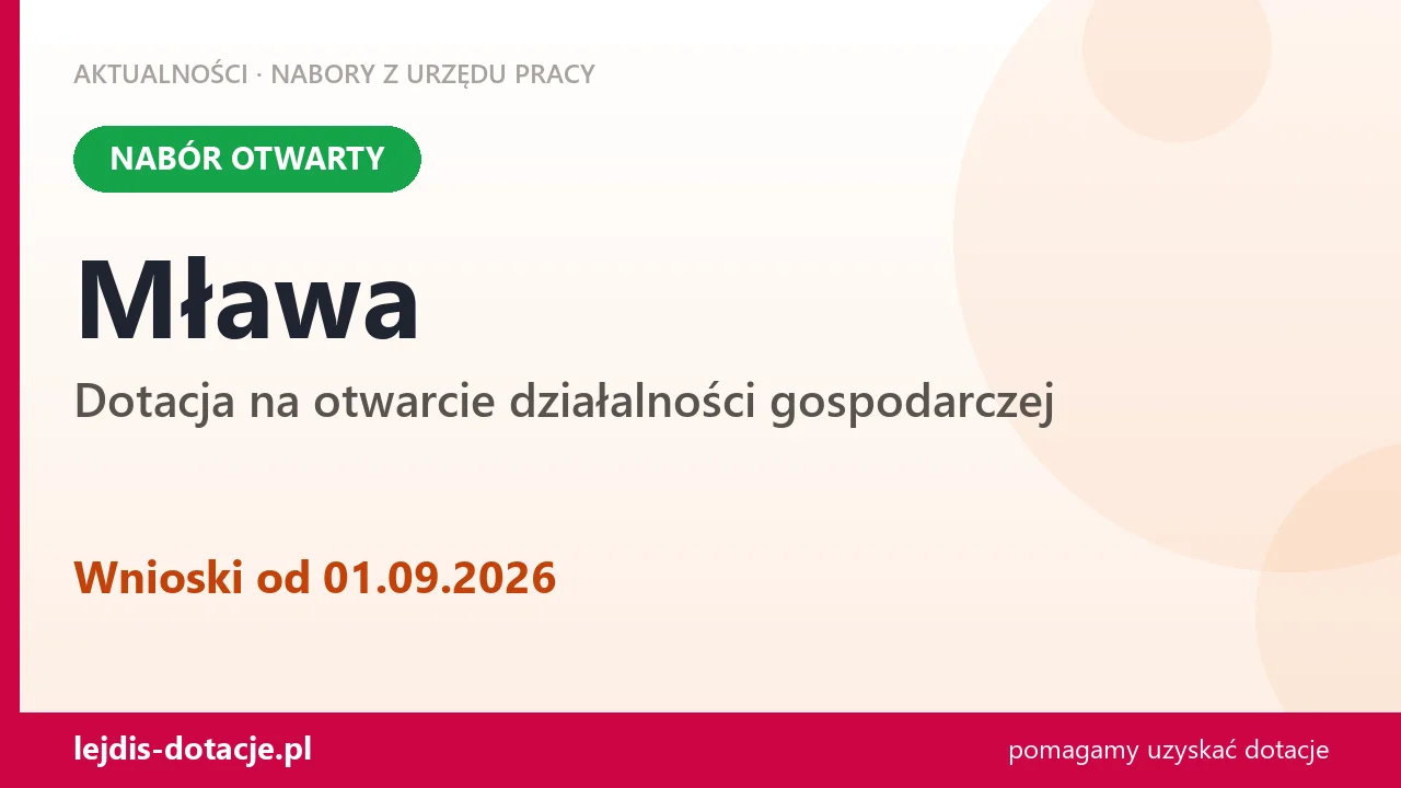 Mława: trwa nabór na dotację na otwarcie działalności gospodarczej (1 września 2026)