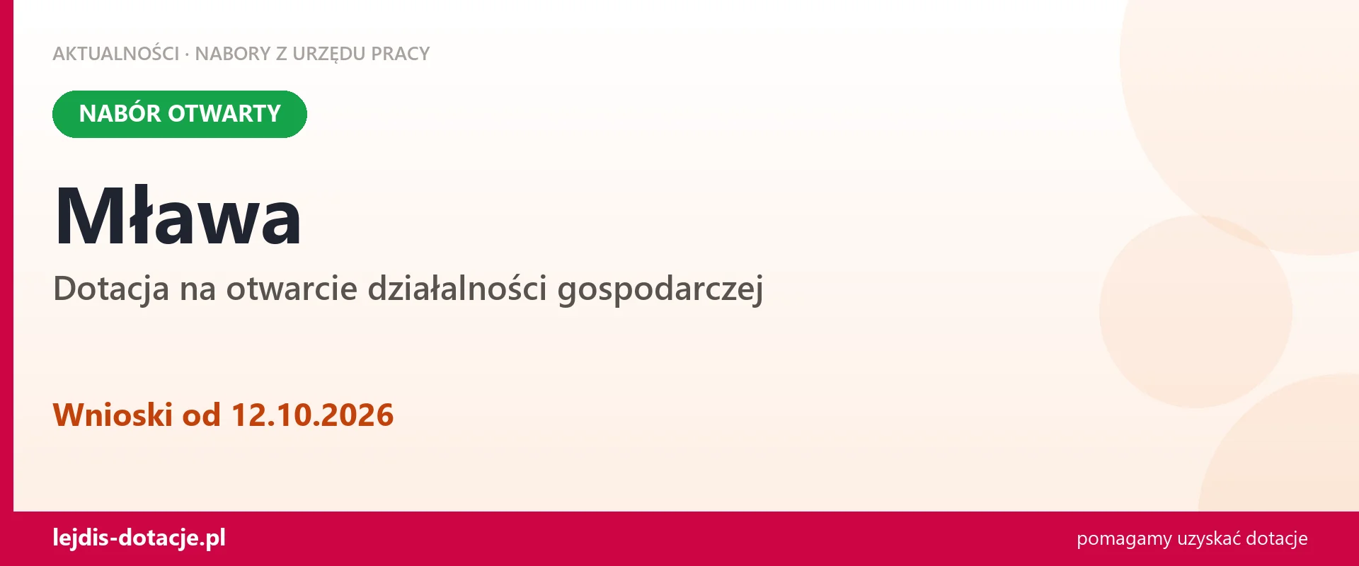 Mława: trwa nabór na dotację na otwarcie działalności gospodarczej (12 października 2026)