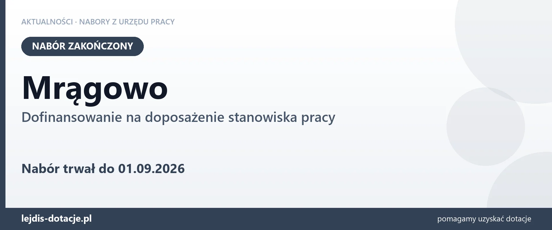 Mrągowo: nabór na dofinansowanie na doposażenie stanowiska pracy zakończony (1 września 2026)