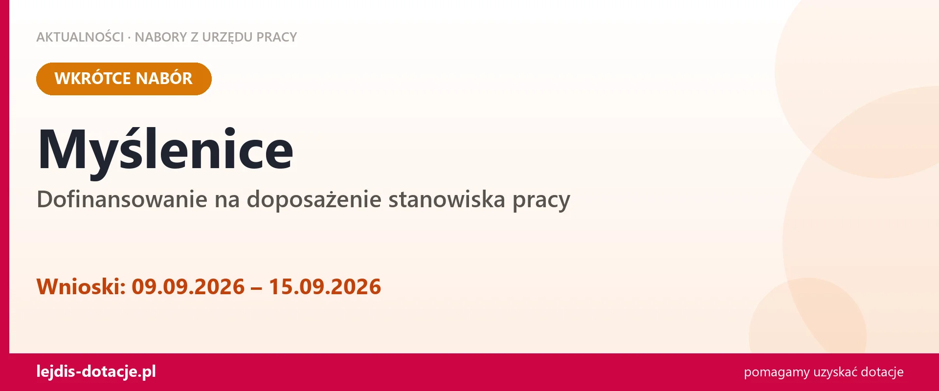 Myślenice: od 09.09.2026 rusza nabór na dofinansowanie na doposażenie stanowiska pracy (9 września 2026)