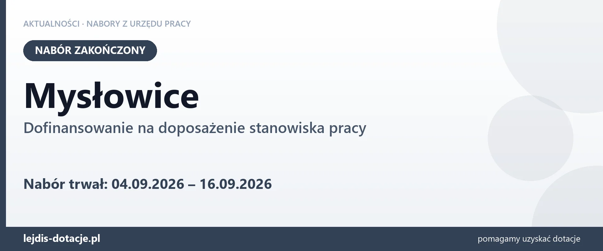 Mysłowice: nabór na dofinansowanie na doposażenie stanowiska pracy zakończony (16 września 2026)