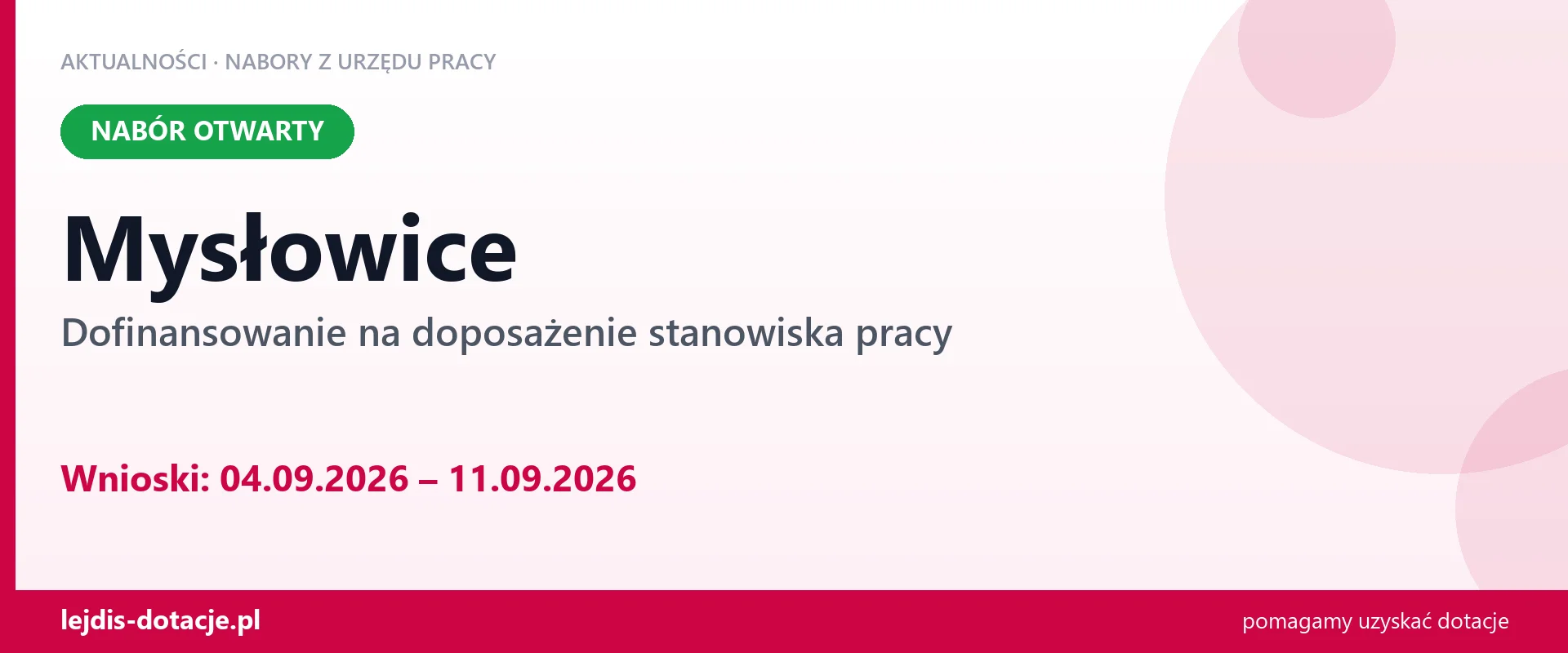 Mysłowice: trwa nabór na dofinansowanie na doposażenie stanowiska pracy (4 września 2026)