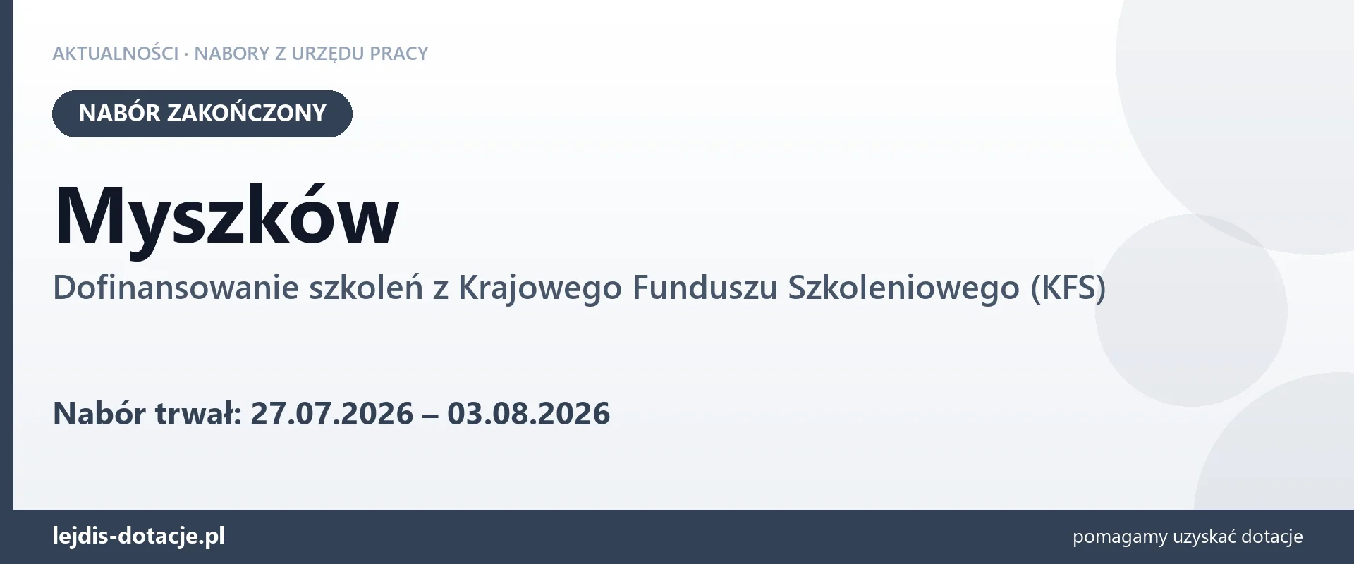 Myszków: nabór na dofinansowanie szkoleń z KFS zakończony (3 sierpnia 2026)