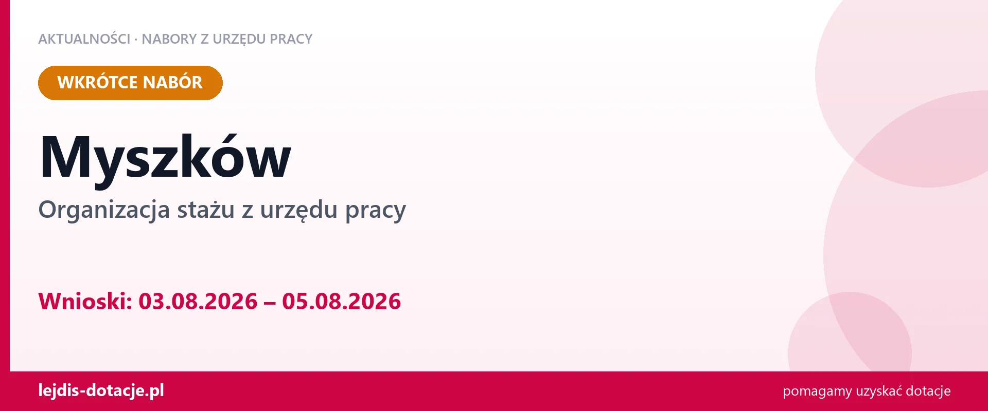 Myszków: od 03.08.2026 rusza nabór na organizację stażu (3 sierpnia 2026)
