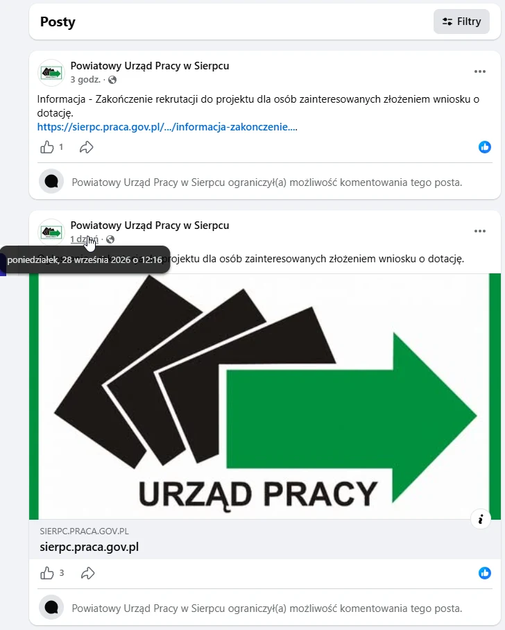 Posty PUP w Sierpcu na Facebooku o naborze na dotację z wyłączonymi komentarzami