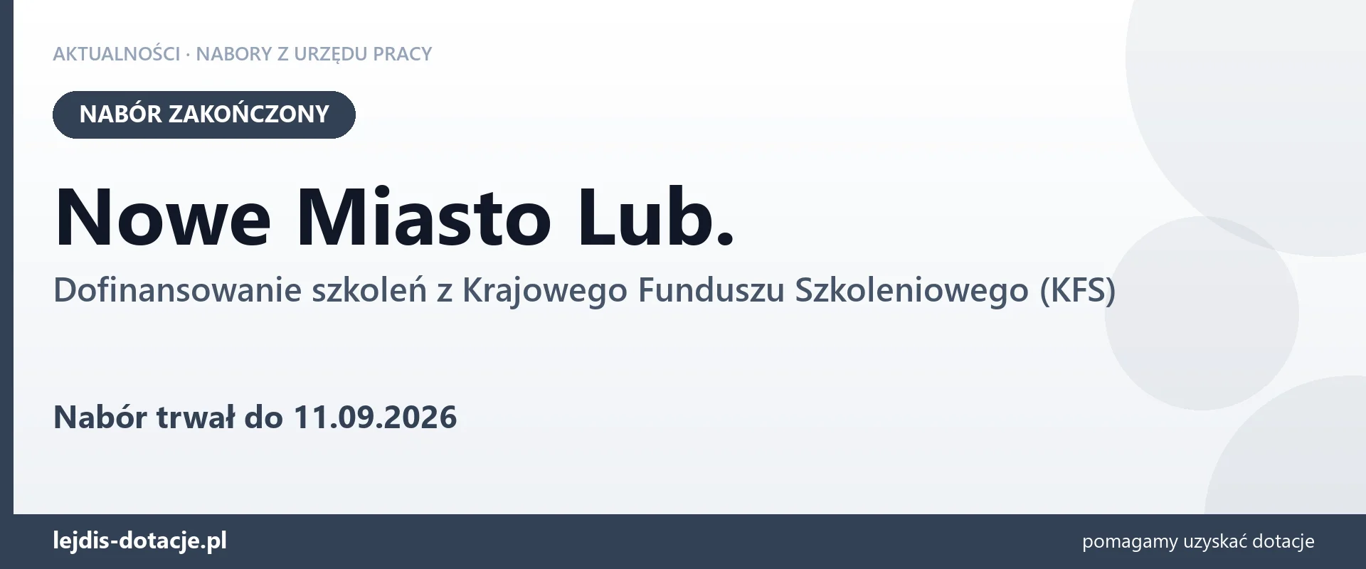 Nowe Miasto Lub.: nabór na dofinansowanie szkoleń z KFS zakończony (11 września 2026)