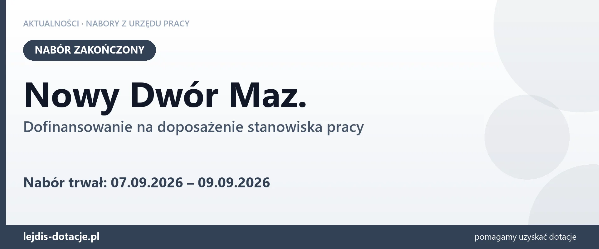 Nowy Dwór Maz.: nabór na dofinansowanie na doposażenie stanowiska pracy zakończony (9 września 2026)