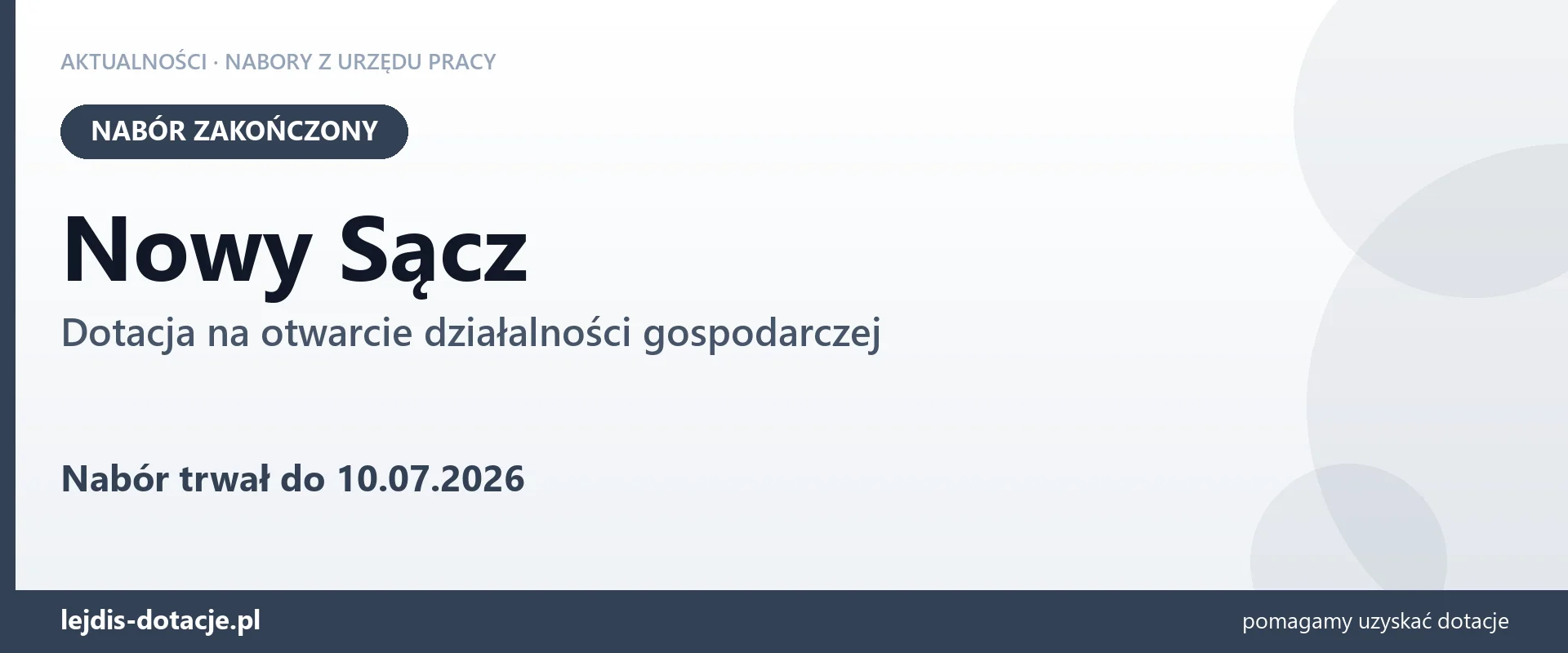 Nowy Sącz: nabór na dotację na otwarcie działalności gospodarczej zakończony (10 lipca 2026)