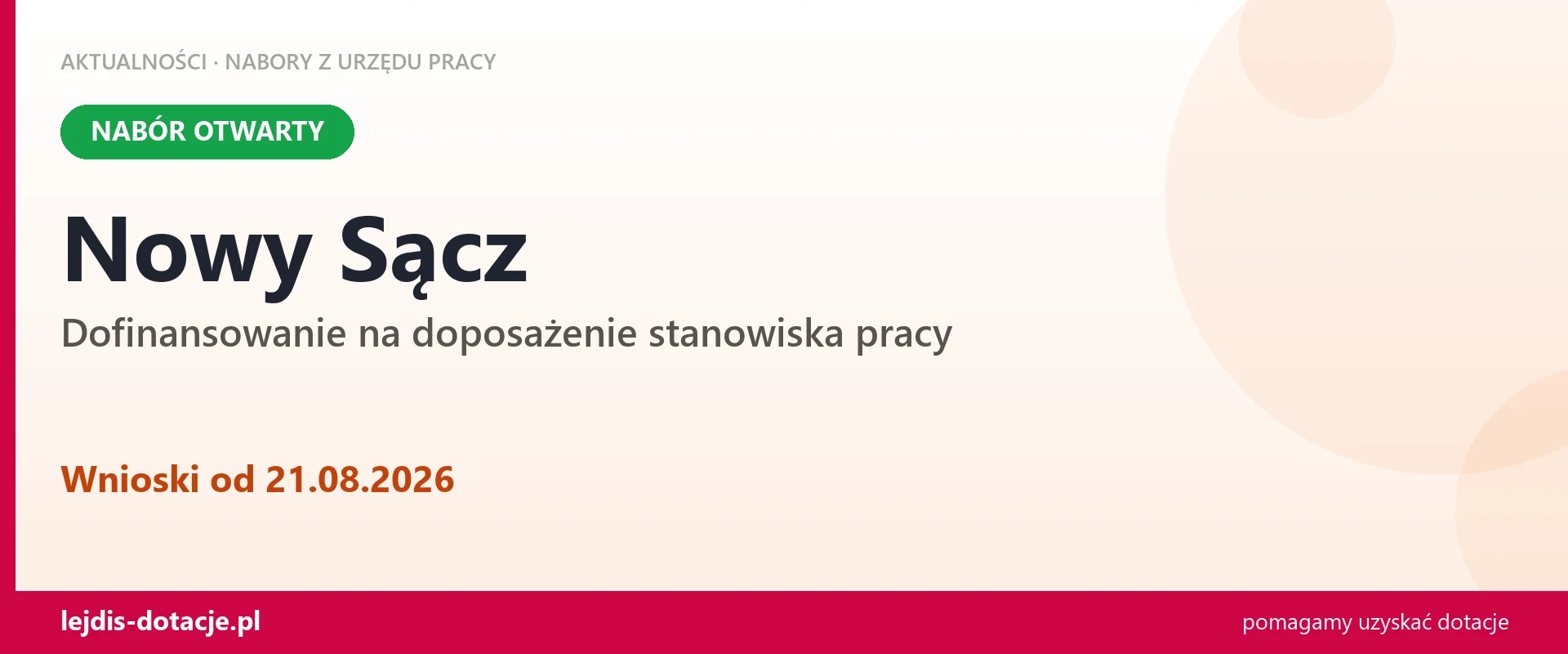Nowy Sącz: trwa nabór na dofinansowanie na doposażenie stanowiska pracy (21 sierpnia 2026)