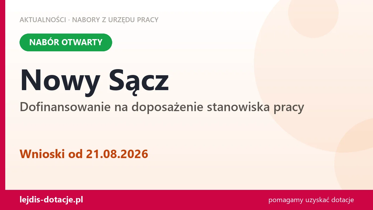 Nowy Sącz: trwa nabór na dofinansowanie na doposażenie stanowiska pracy (21 sierpnia 2026)
