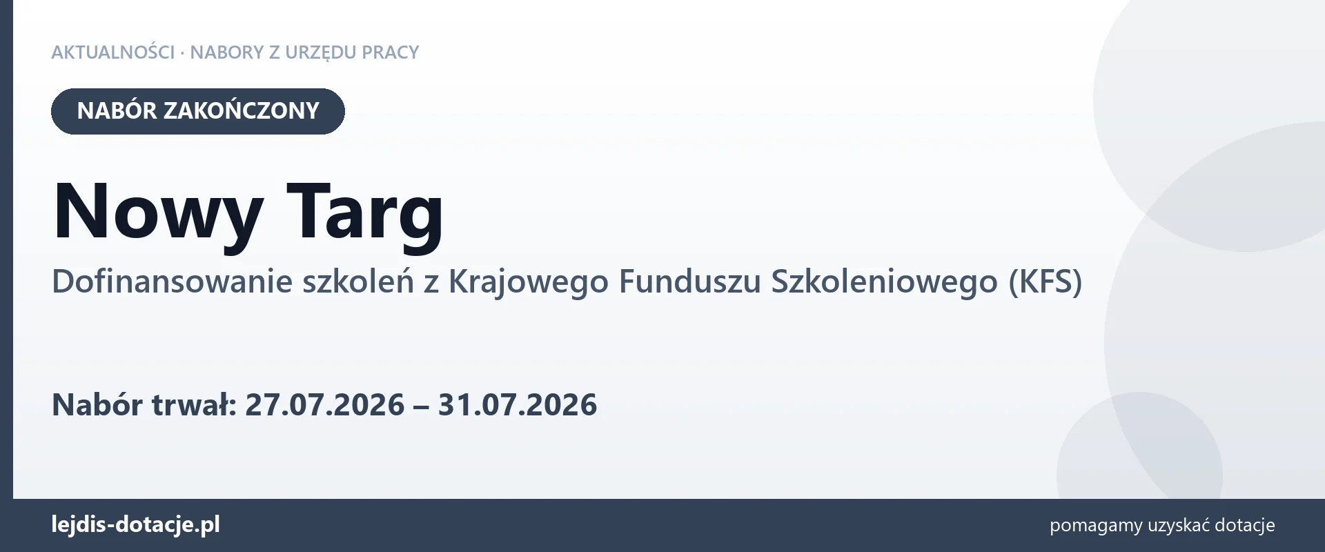 Nowy Targ: nabór na dofinansowanie szkoleń z KFS zakończony (31 lipca 2026)