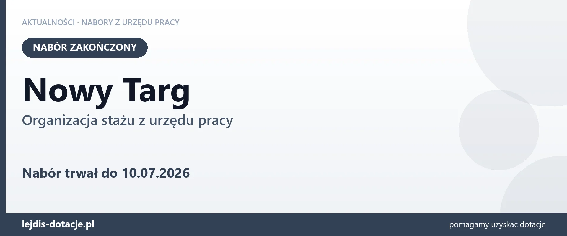Nowy Targ: nabór na organizację stażu zakończony (10 lipca 2026)