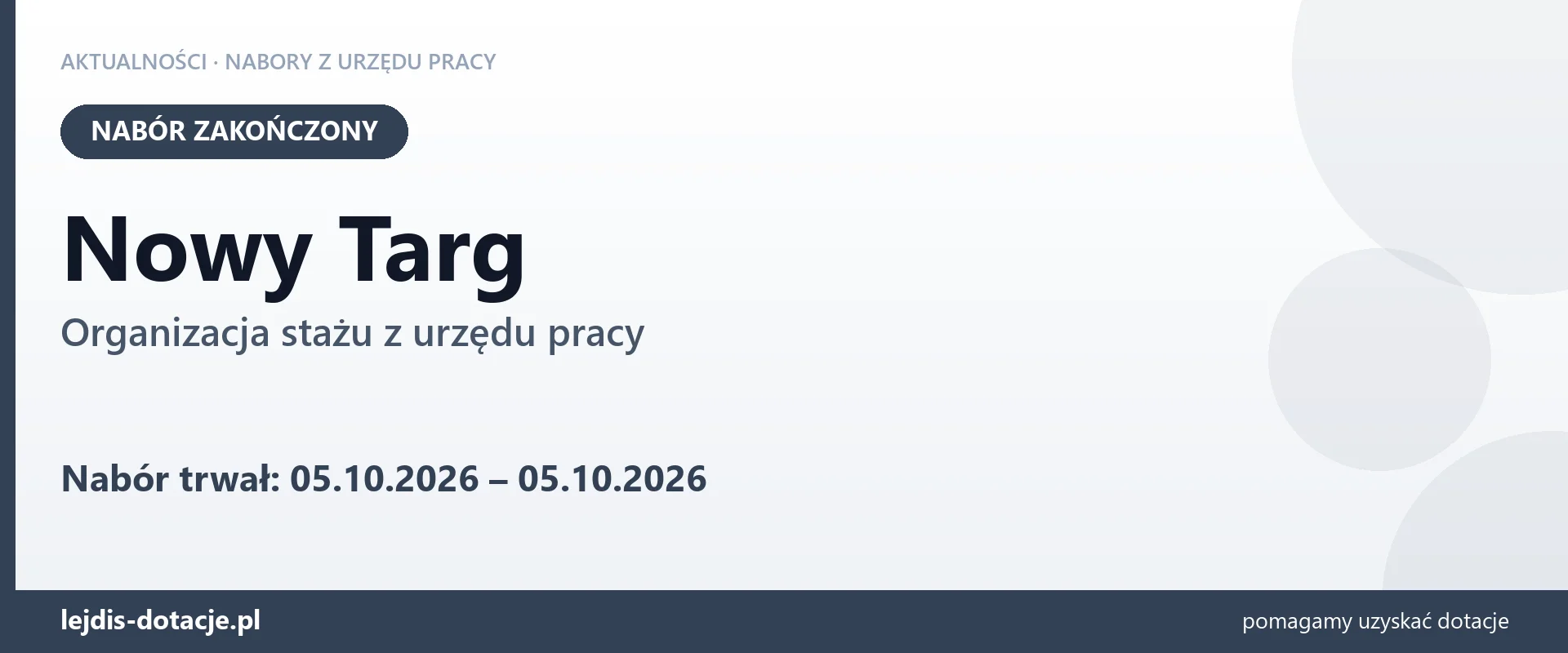 Nowy Targ: nabór na organizację stażu zakończony (5 października 2026)