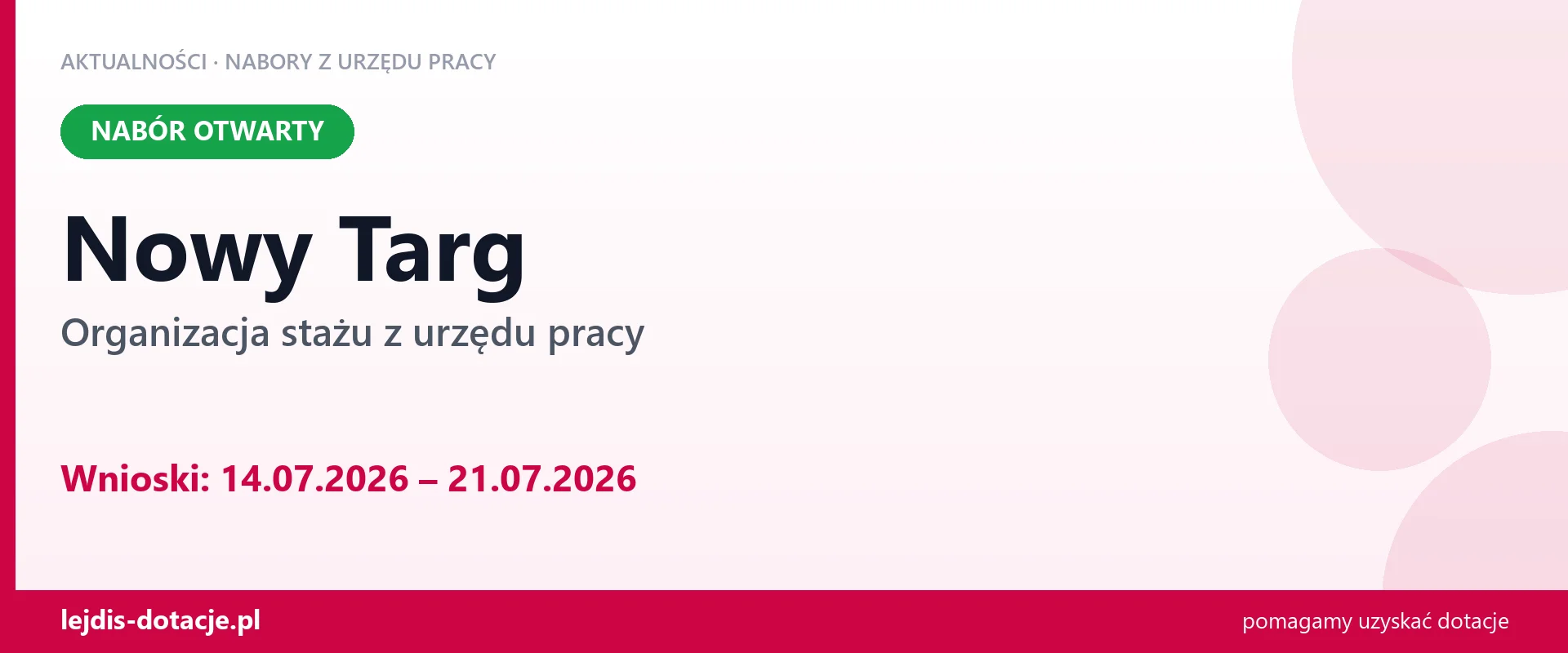 Nowy Targ: trwa nabór na organizację stażu (14 lipca 2026)