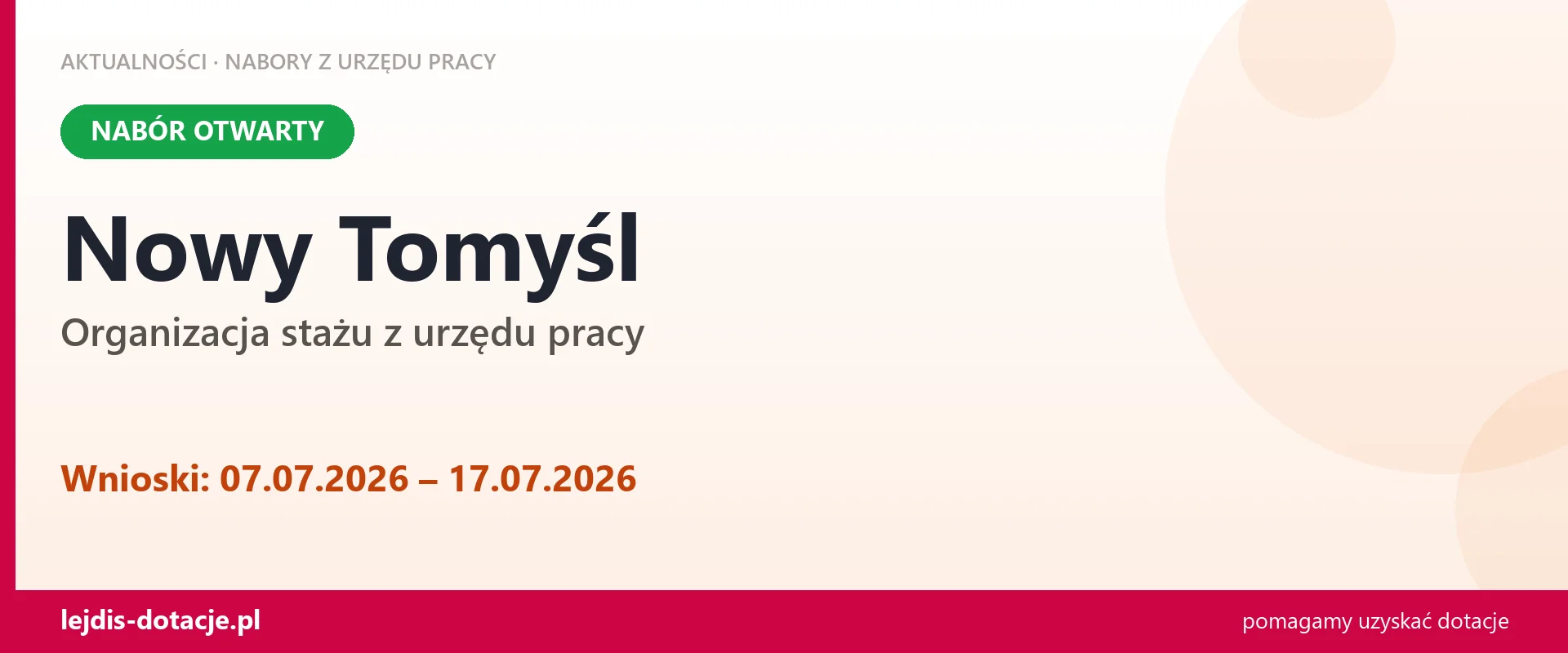 Nowy Tomyśl: trwa nabór na organizację stażu (7 lipca 2026)