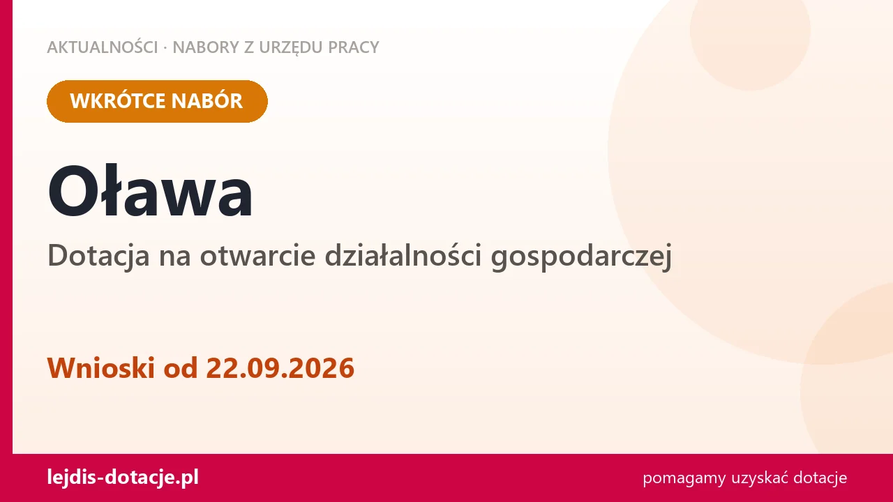 Oława: od 22.09.2026 rusza nabór na dotację na otwarcie działalności gospodarczej (22 września 2026)