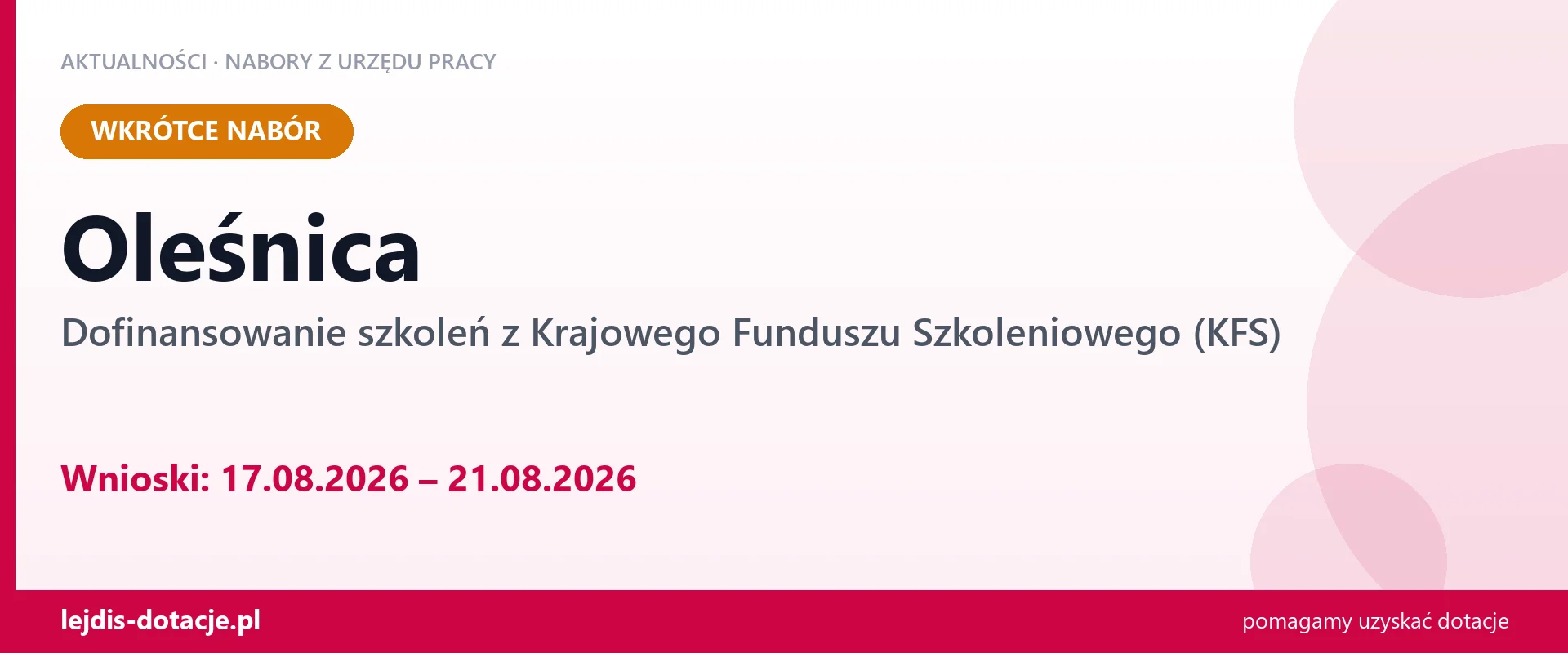 Oleśnica: od 17.08.2026 rusza nabór na dofinansowanie szkoleń z KFS (17 sierpnia 2026)