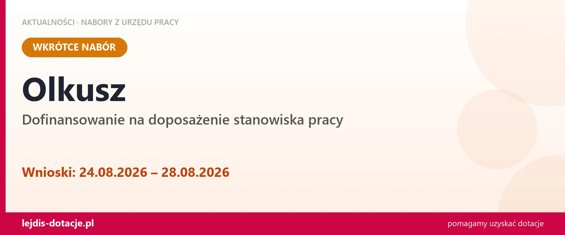 Olkusz: od 24.08.2026 rusza nabór na dofinansowanie na doposażenie stanowiska pracy (24 sierpnia 2026)