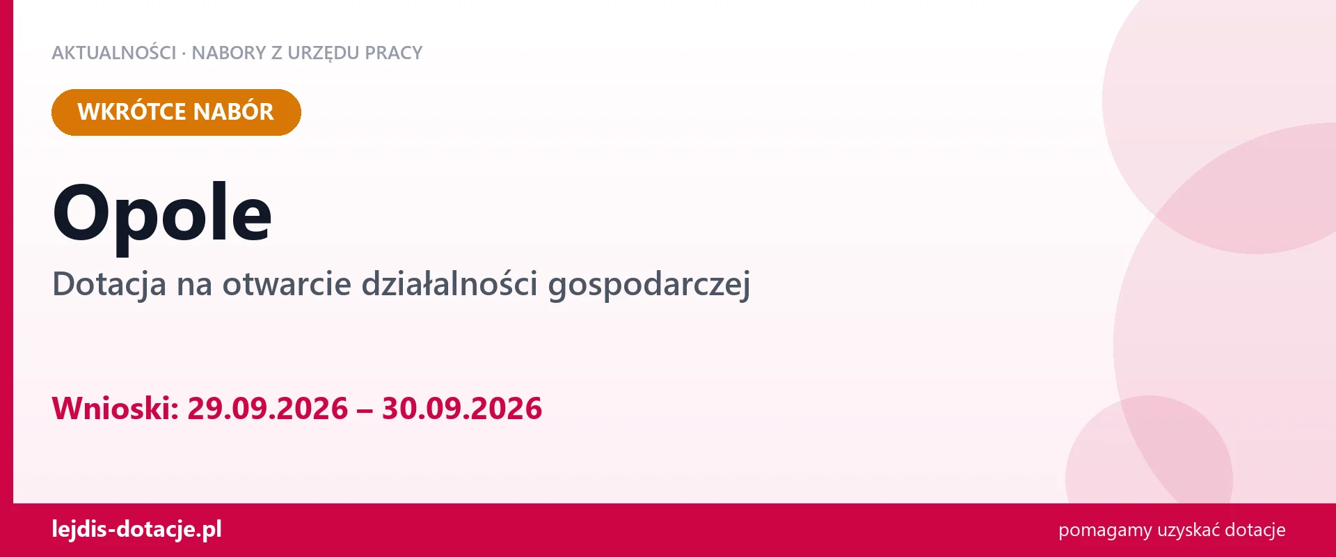 Opole: od 29.09.2026 rusza nabór na dotację na otwarcie działalności gospodarczej (29 września 2026)