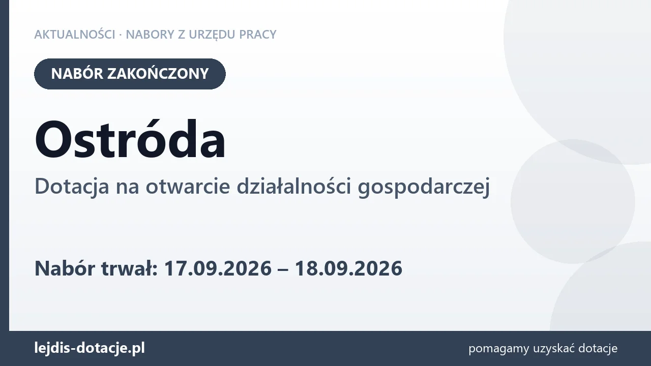 Ostróda: nabór na dotację na otwarcie działalności gospodarczej zakończony (18 września 2026)