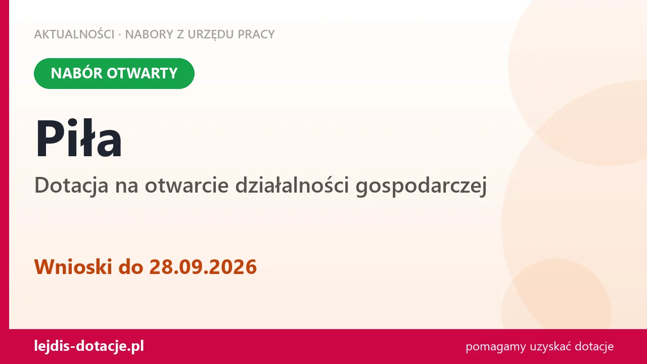 Piła: trwa nabór na dotację na otwarcie działalności gospodarczej (28 września 2026)
