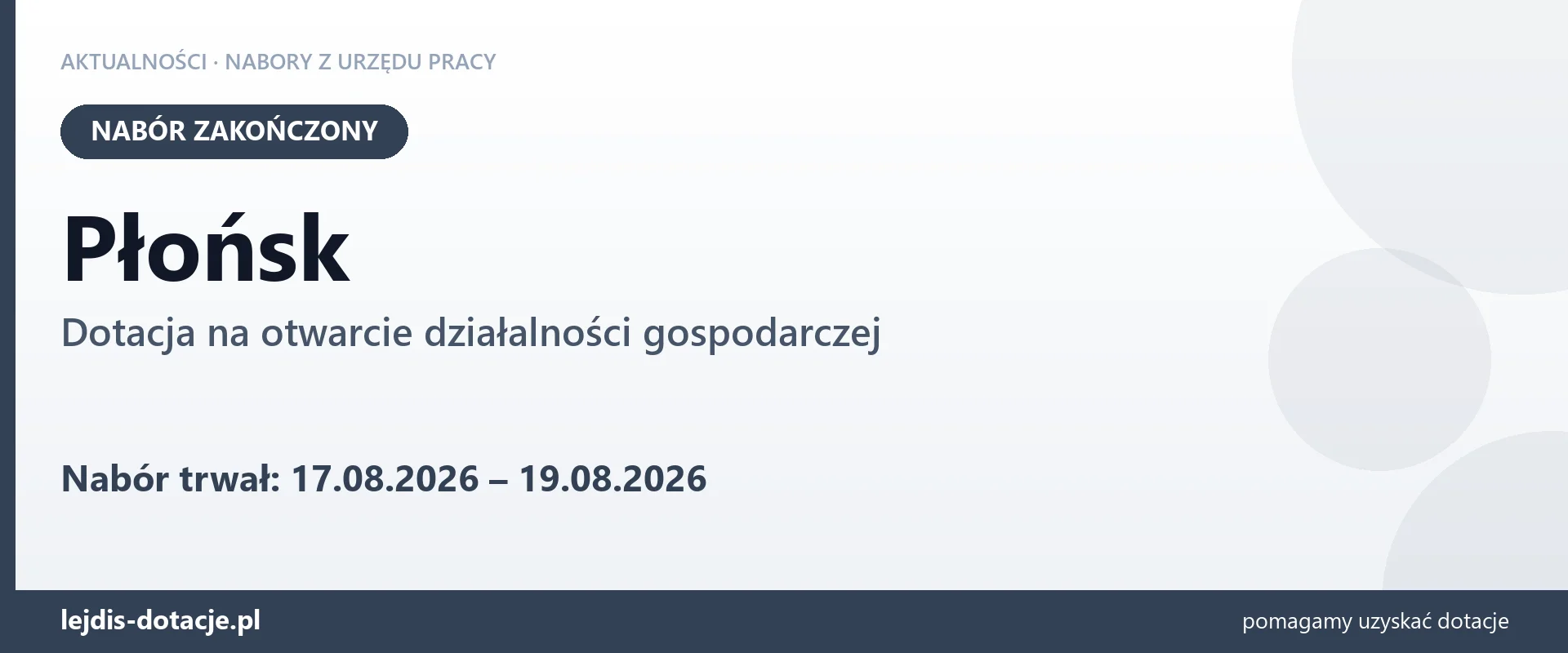 Płońsk: nabór na dotację na otwarcie działalności gospodarczej zakończony (19 sierpnia 2026)
