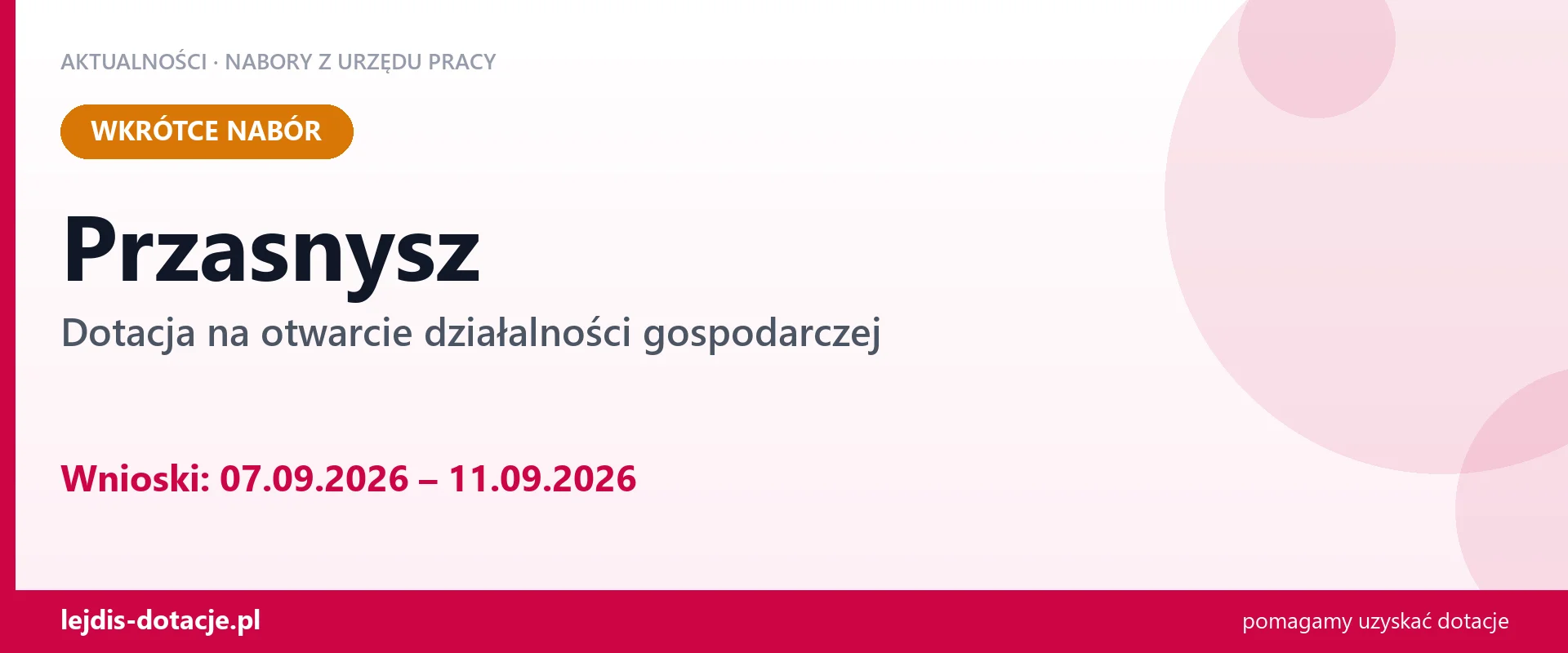 Przasnysz: od 07.09.2026 rusza nabór na dotację na otwarcie działalności gospodarczej (7 września 2026)