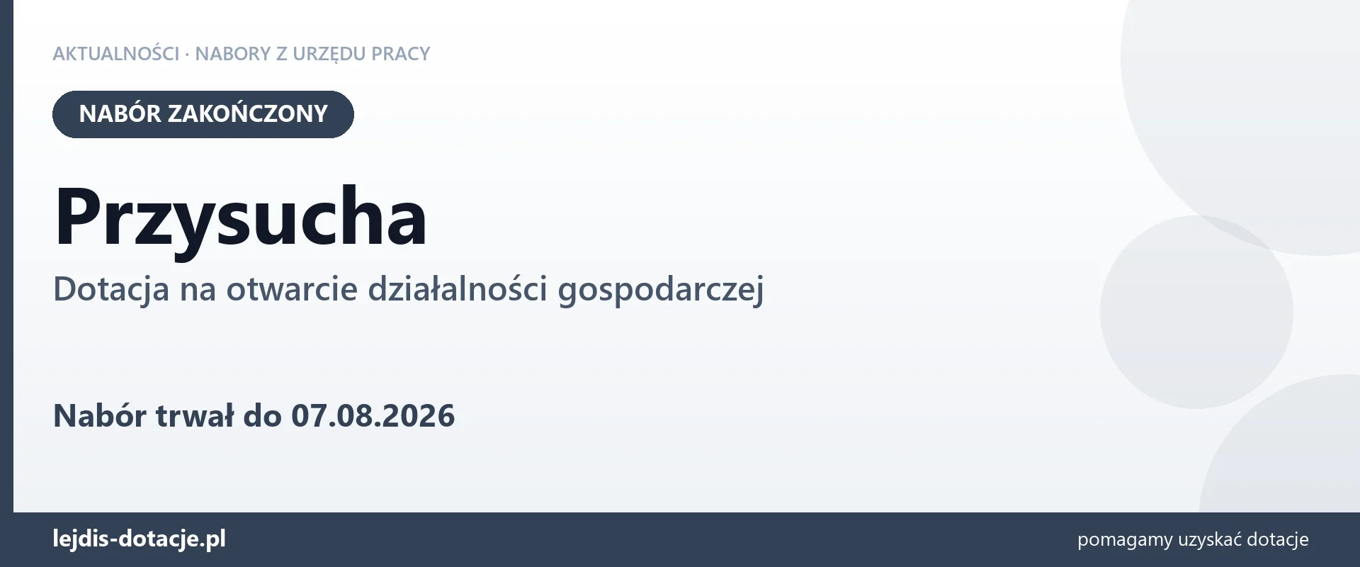 Przysucha: nabór na dotację na otwarcie działalności gospodarczej zakończony (7 sierpnia 2026)