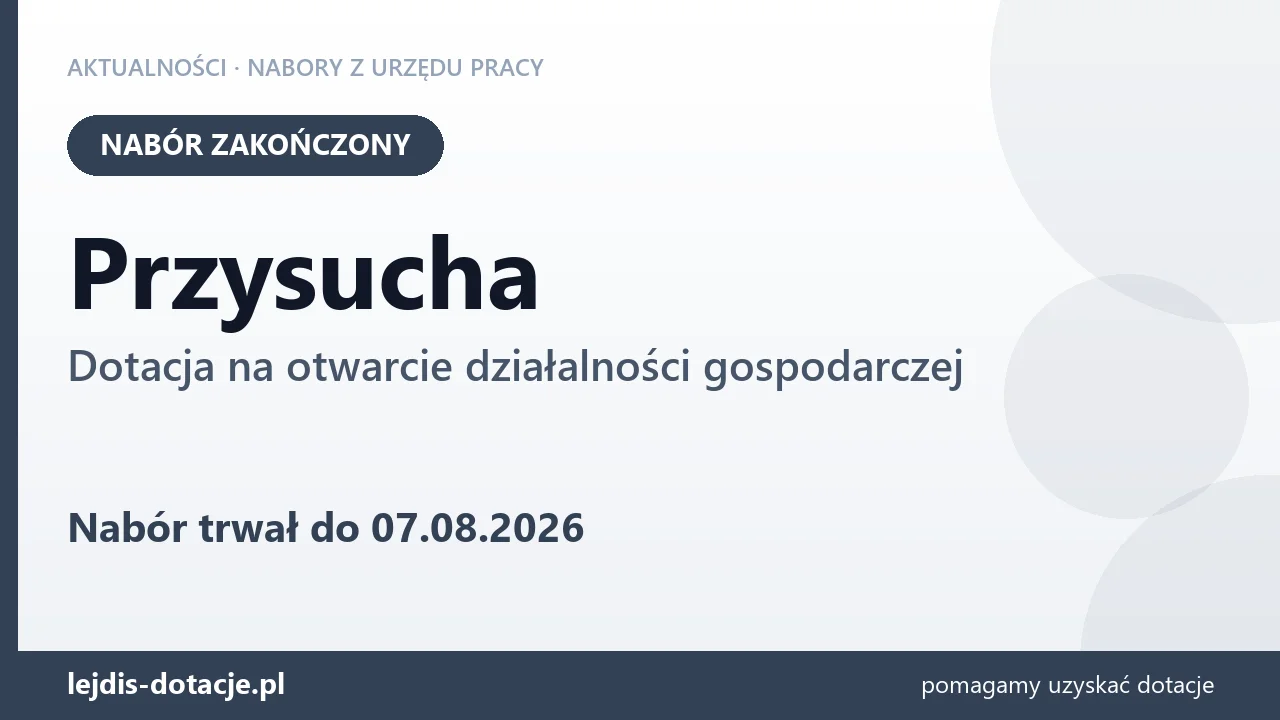 Przysucha: nabór na dotację na otwarcie działalności gospodarczej zakończony (7 sierpnia 2026)