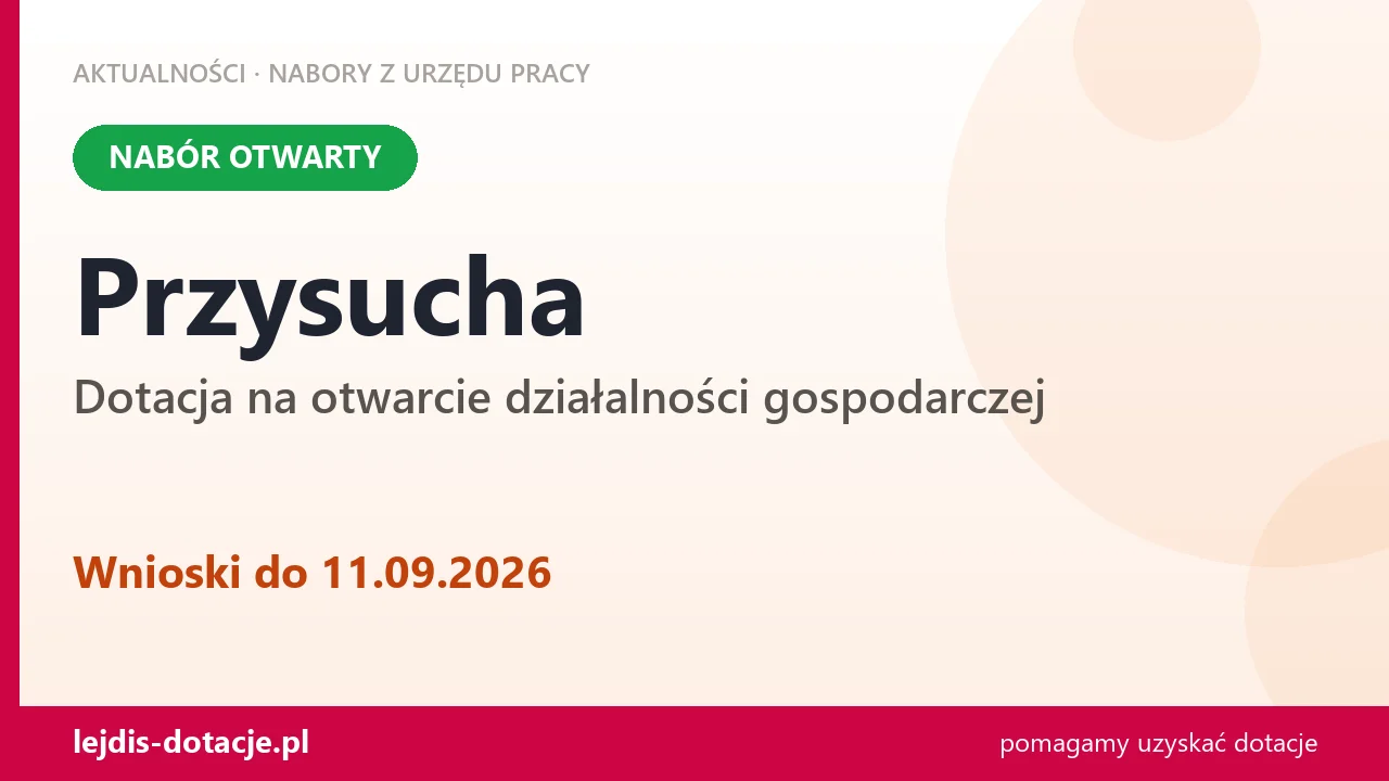 Przysucha: trwa nabór na dotację na otwarcie działalności gospodarczej (11 września 2026)