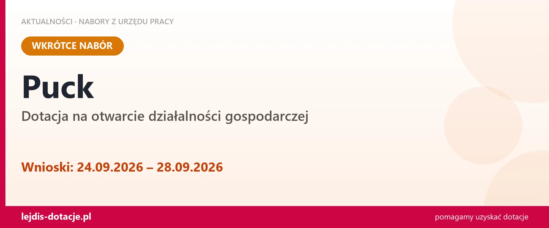 Puck: od 24.09.2026 rusza nabór na dotację na otwarcie działalności gospodarczej (24 września 2026)