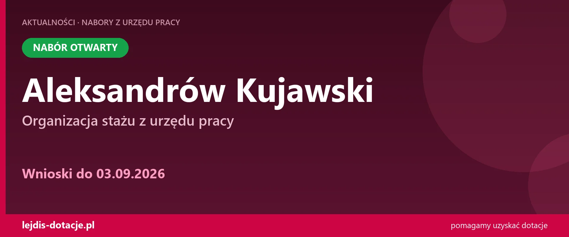 PUP Aleksandrów Kujawski przyjmuje wnioski — organizacja stażu z urzędu pracy (3 września 2026)