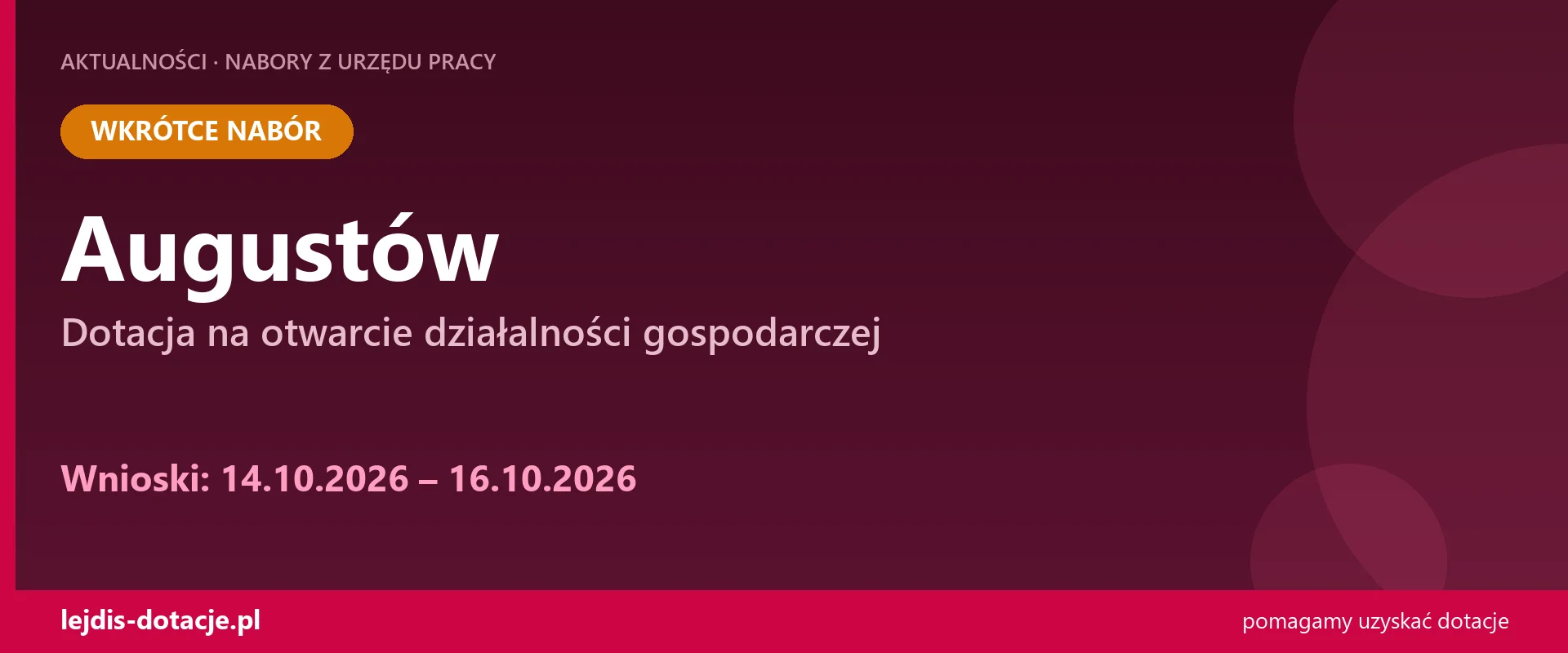 PUP Augustów ogłasza nabór — dotacja na otwarcie działalności gospodarczej (14 października 2026)
