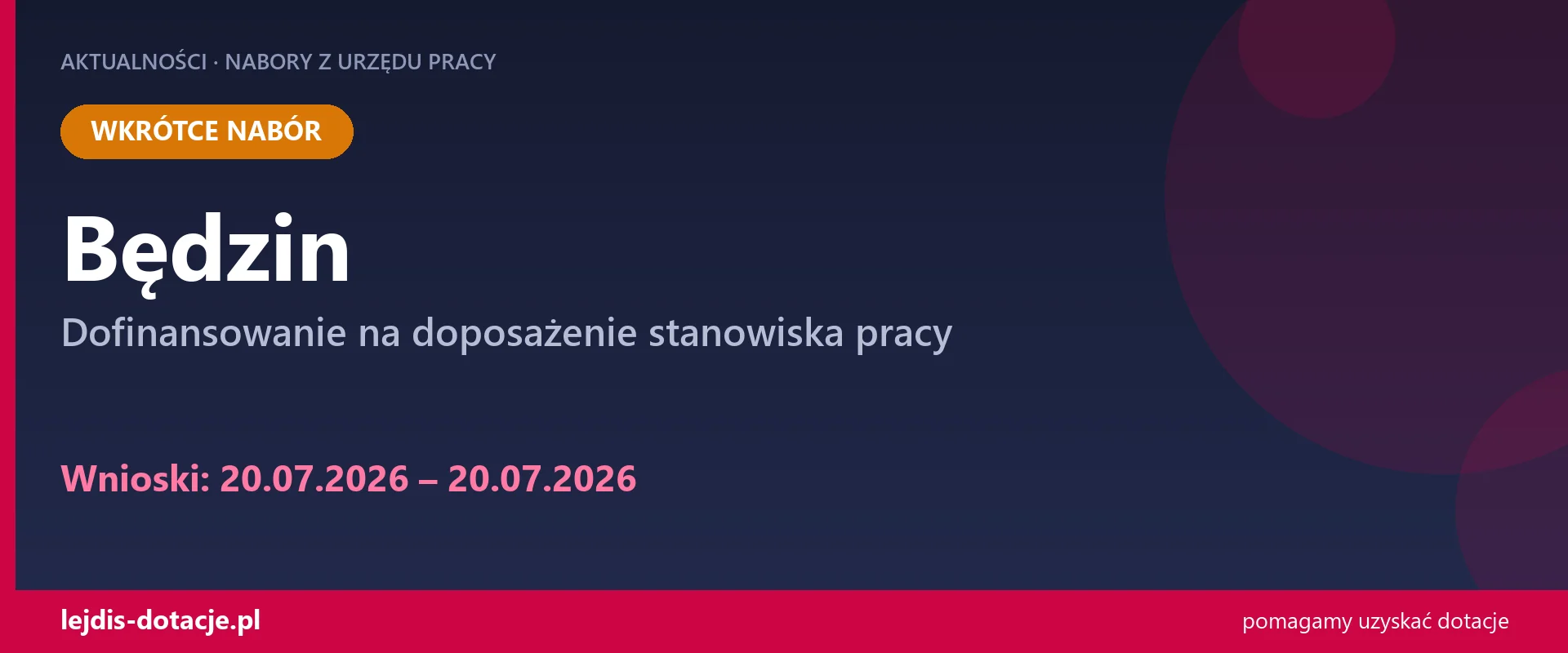 PUP Będzin ogłasza nabór — dofinansowanie na doposażenie stanowiska pracy (20 lipca 2026)