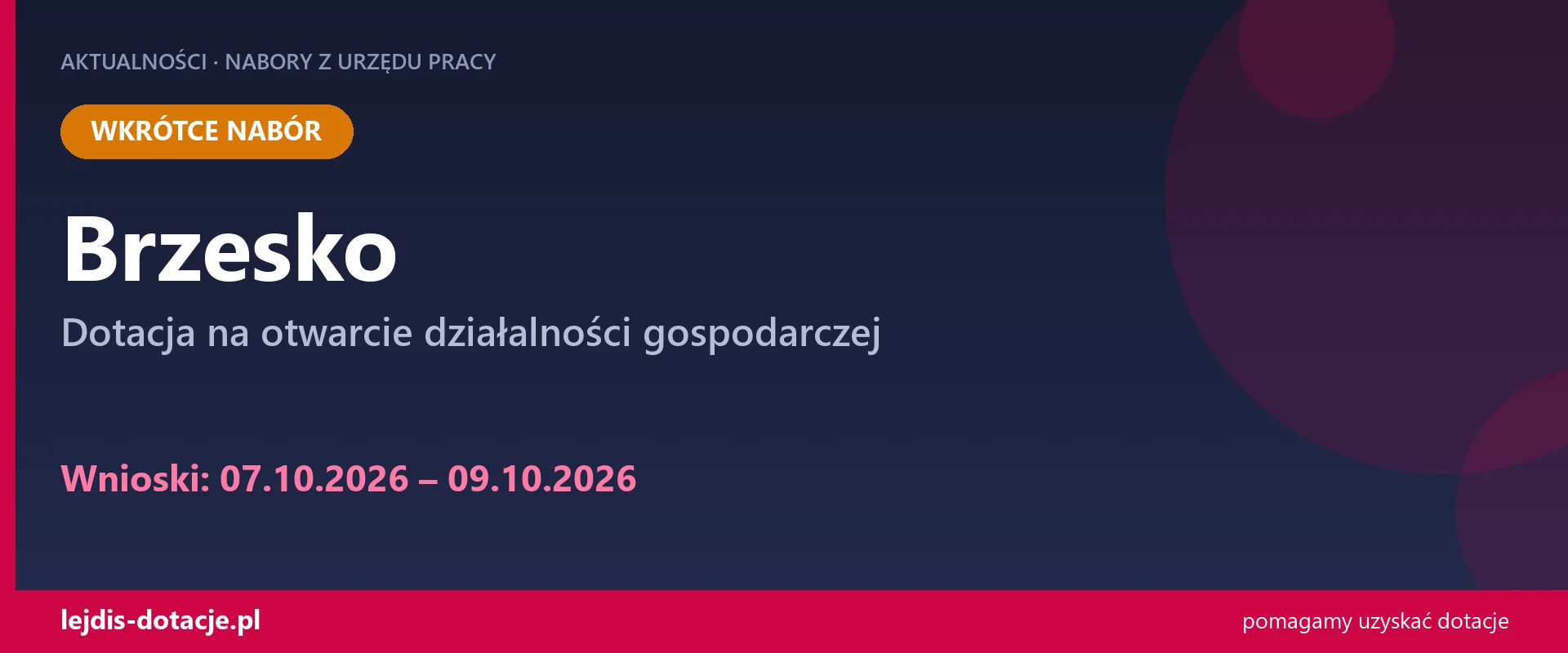 PUP Brzesko ogłasza nabór — dotacja na otwarcie działalności gospodarczej (7 października 2026)