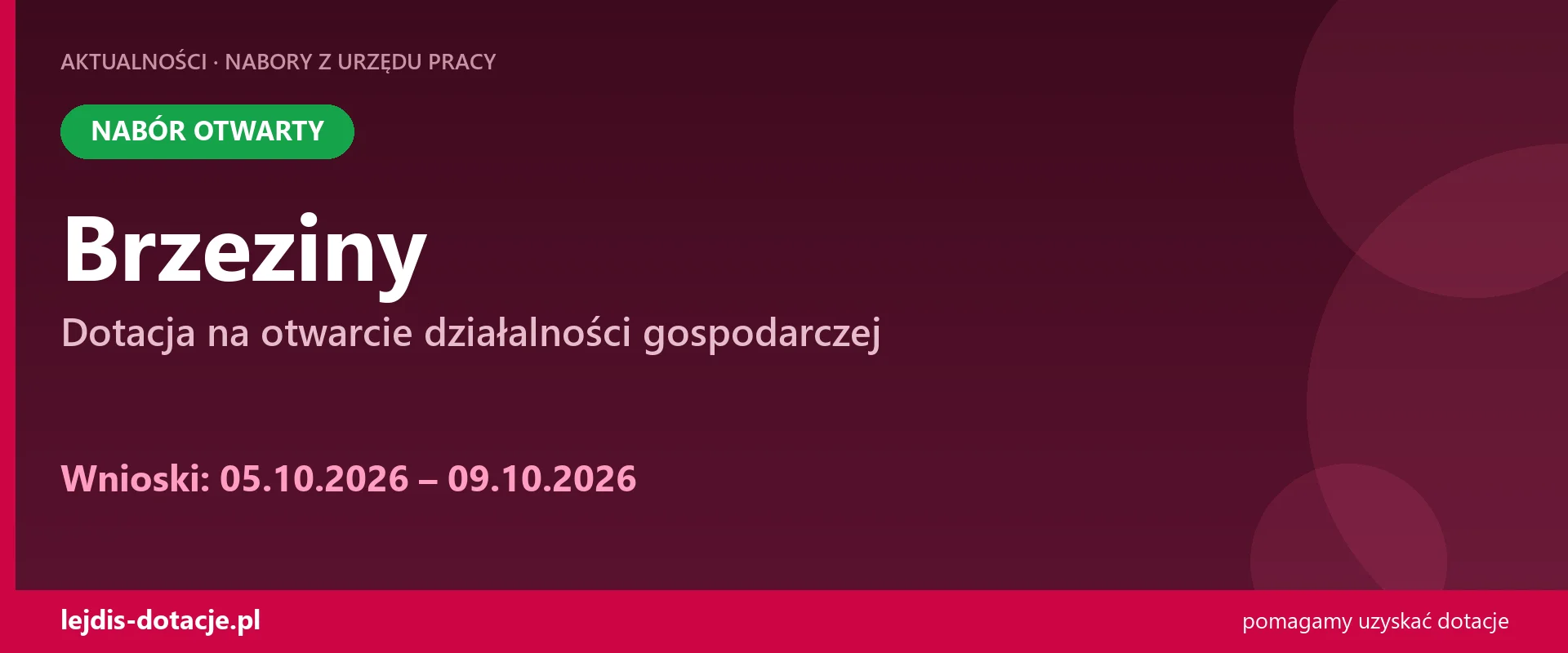 PUP Brzeziny przyjmuje wnioski — dotacja na otwarcie działalności gospodarczej (5 października 2026)