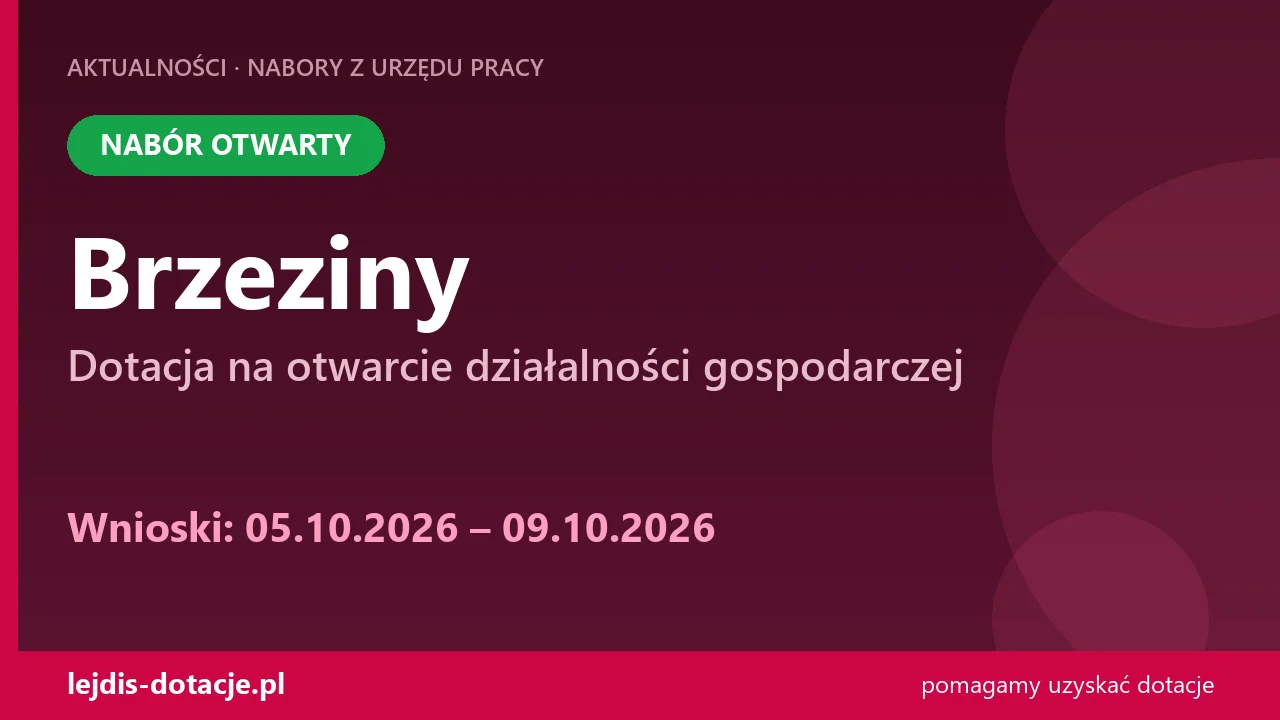 PUP Brzeziny przyjmuje wnioski — dotacja na otwarcie działalności gospodarczej (5 października 2026)