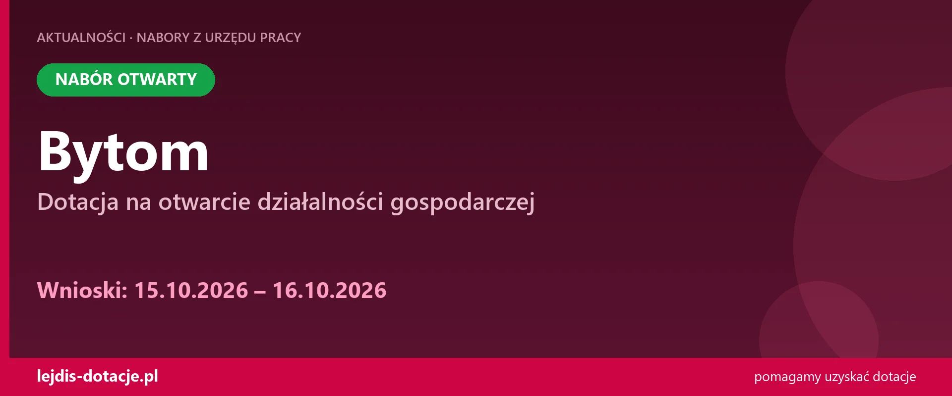 PUP Bytom przyjmuje wnioski — dotacja na otwarcie działalności gospodarczej (15 października 2026)