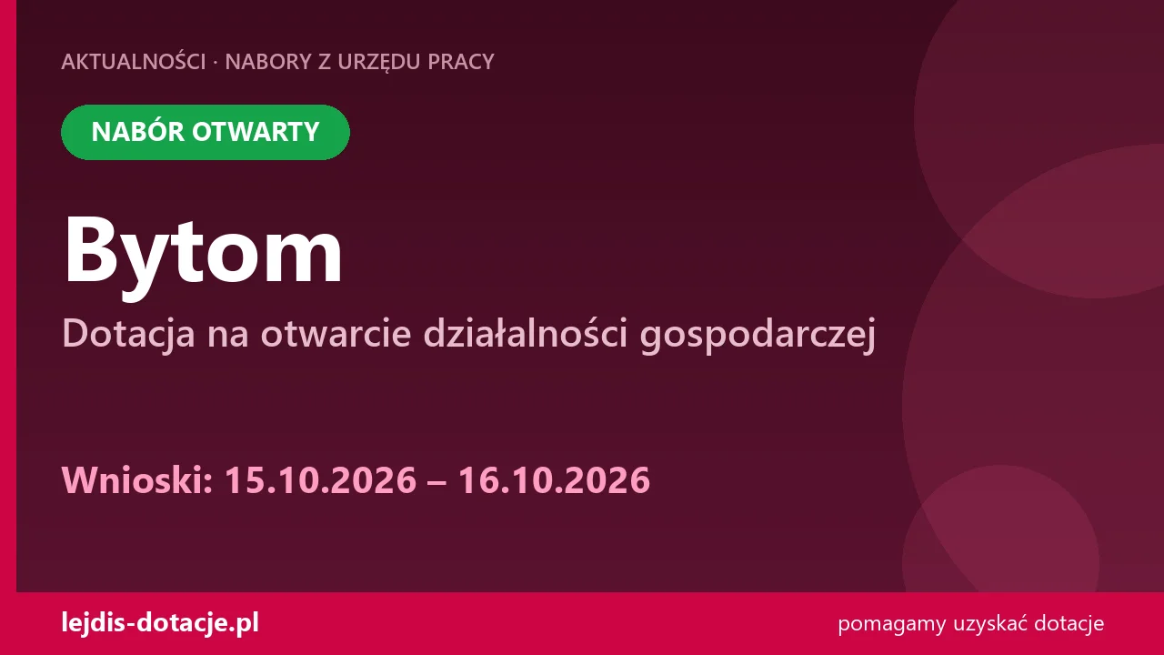 PUP Bytom przyjmuje wnioski — dotacja na otwarcie działalności gospodarczej (15 października 2026)