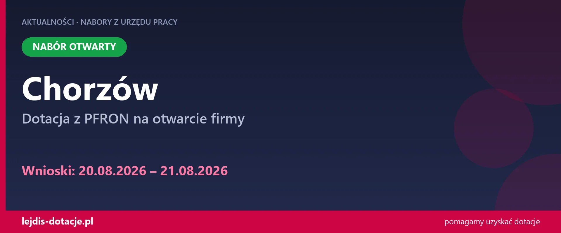 PUP Chorzów przyjmuje wnioski — dotacja z PFRON na otwarcie firmy (20 sierpnia 2026)