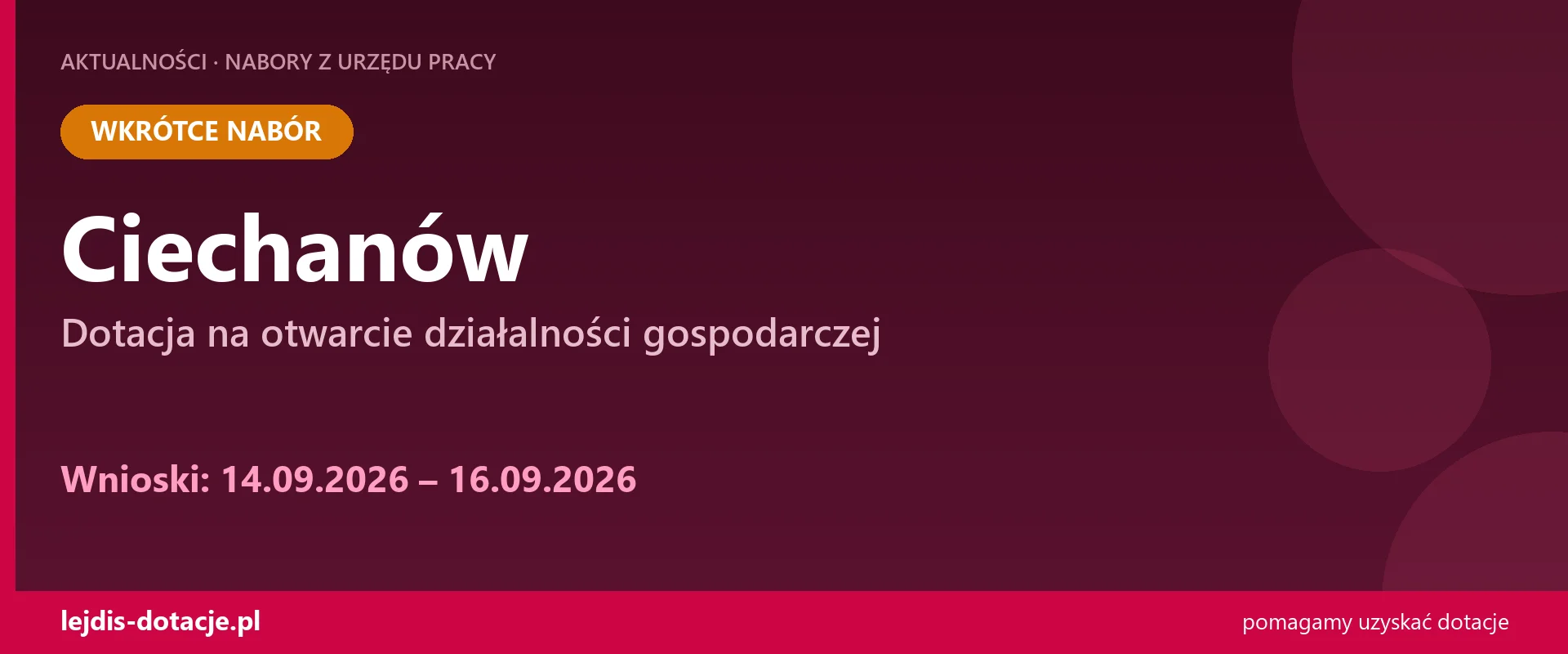 PUP Ciechanów ogłasza nabór — dotacja na otwarcie działalności gospodarczej (14 września 2026)
