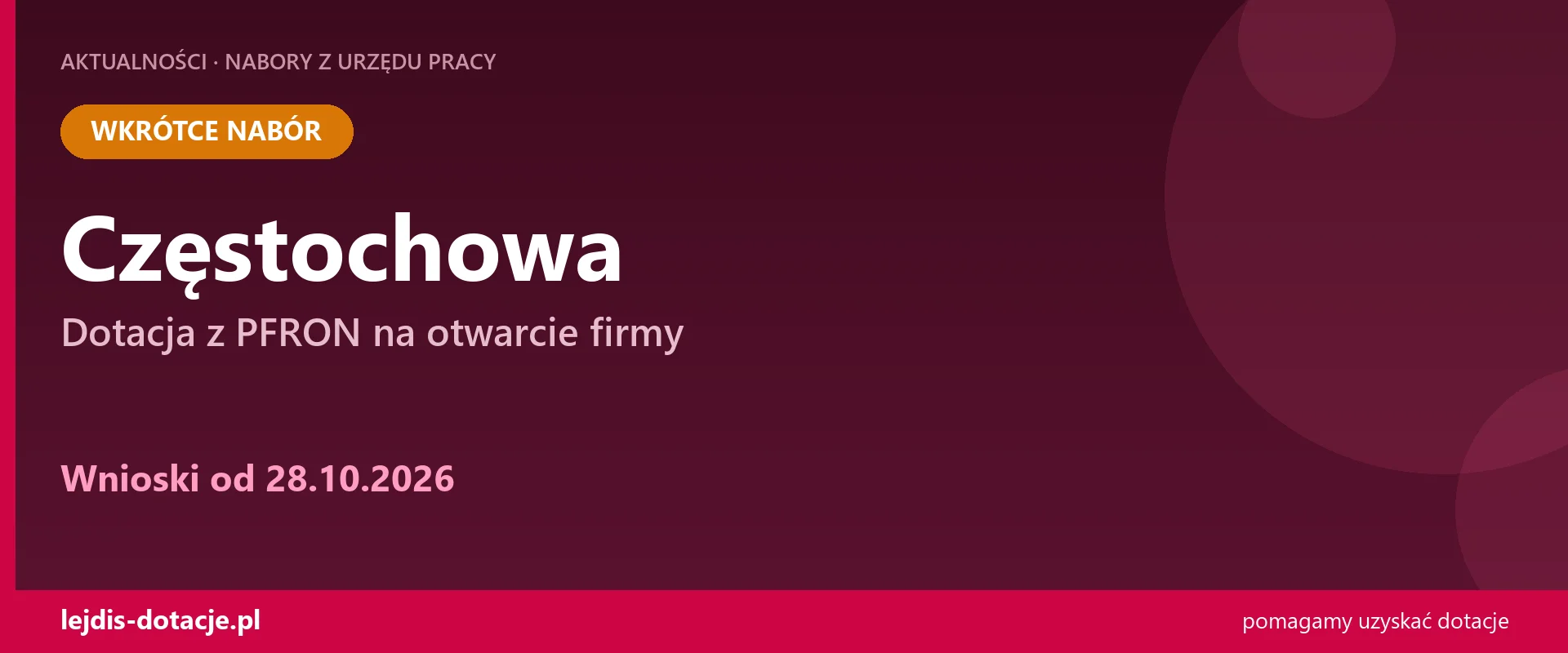 PUP Częstochowa: nabór wniosków o dotację z PFRON na start firmy (28 października 2026)