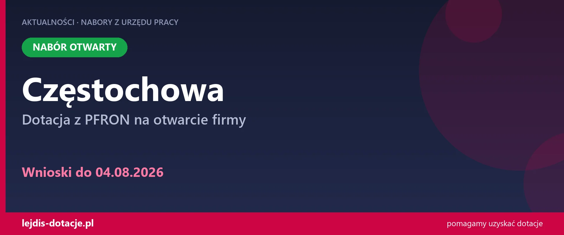 PUP Częstochowa przyjmuje wnioski — dotacja z PFRON na otwarcie firmy (4 sierpnia 2026)