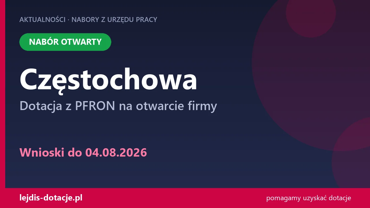 PUP Częstochowa przyjmuje wnioski — dotacja z PFRON na otwarcie firmy (4 sierpnia 2026)