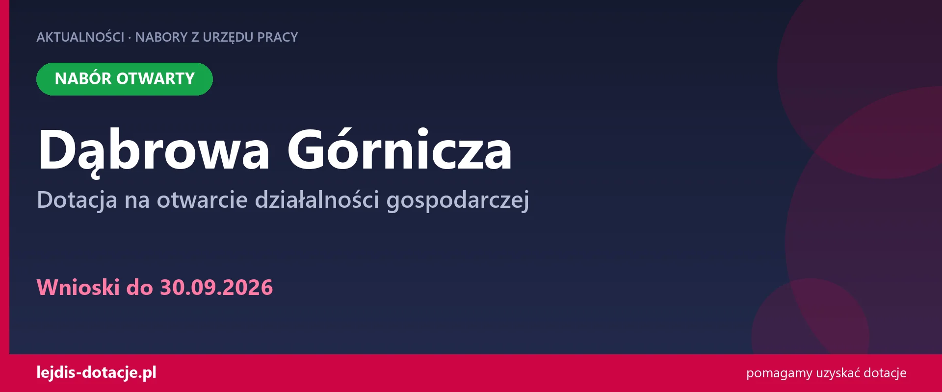PUP Dąbrowa Górnicza przyjmuje wnioski — dotacja na otwarcie działalności gospodarczej (30 września 2026)