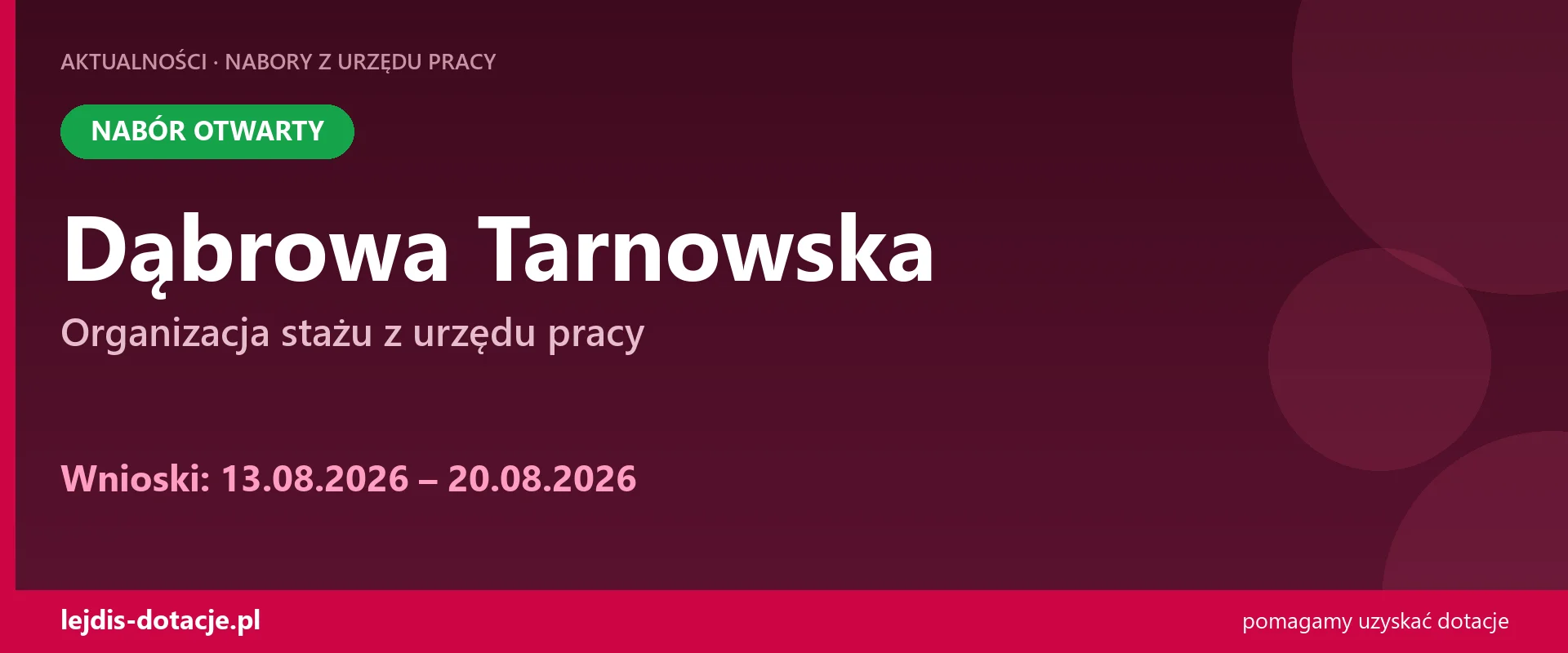 PUP Dąbrowa Tarnowska przyjmuje wnioski — organizacja stażu z urzędu pracy (13 sierpnia 2026)