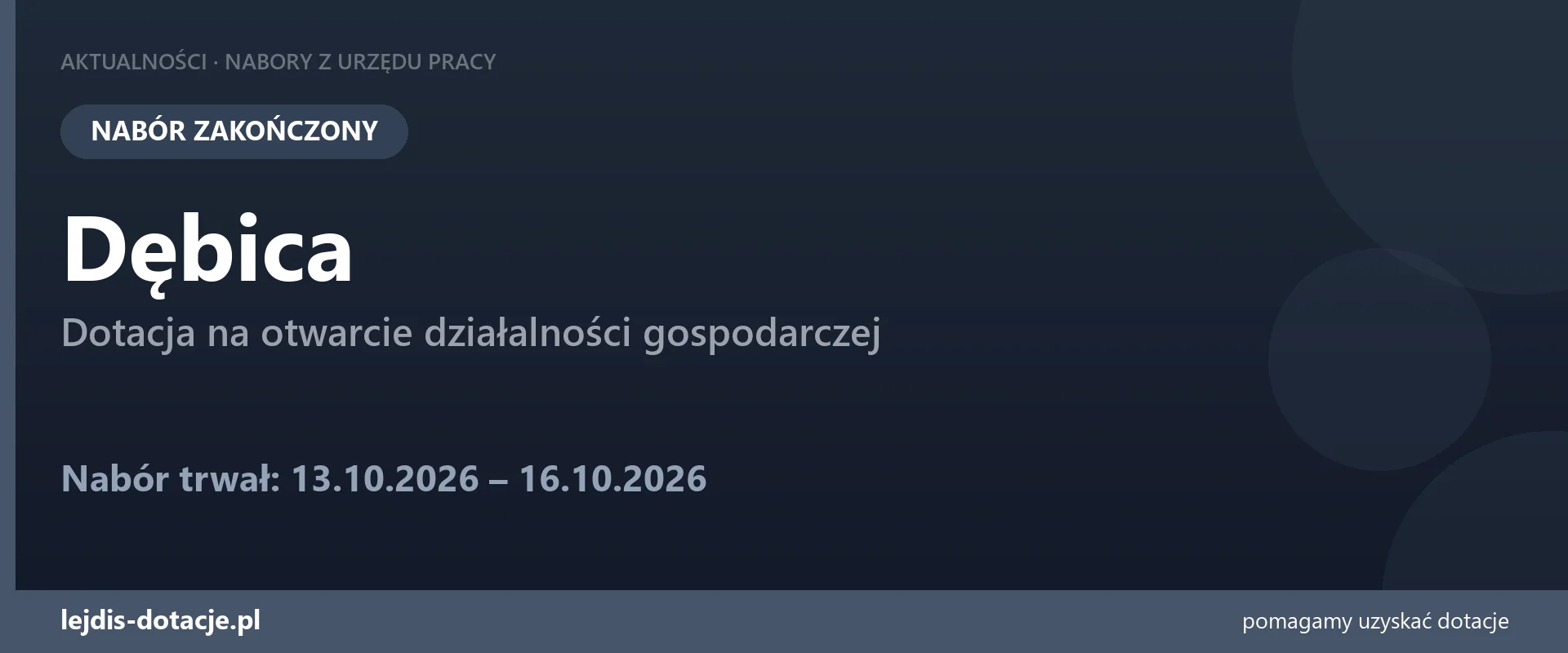 PUP Dębica zakończył nabór — dotacja na otwarcie działalności gospodarczej (16 października 2026)