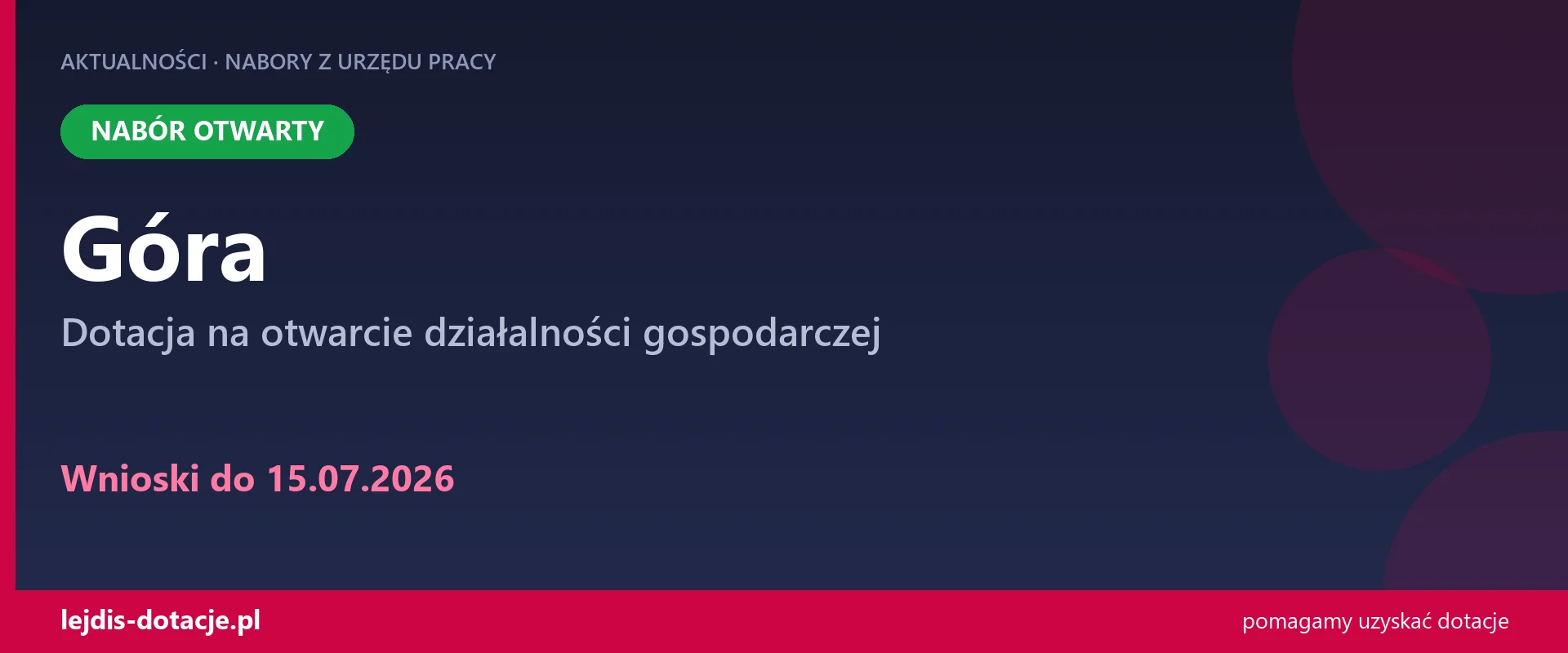PUP Góra przyjmuje wnioski — dotacja na otwarcie działalności gospodarczej (15 lipca 2026)
